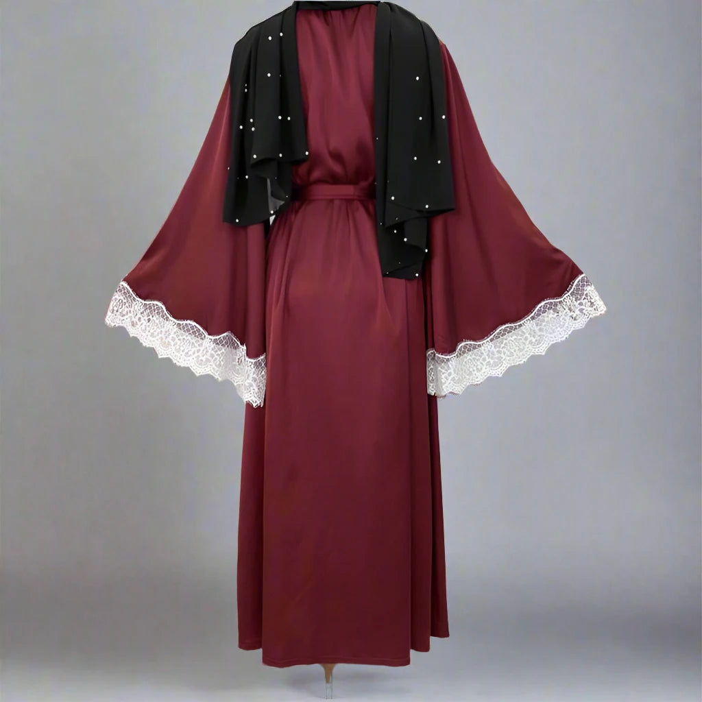 Elegant Muslim Abaya Dress - Embroidered Satin Open Front Long Dress for Women | Perfect for Prayer, Mosque, Eid & Special Occasions