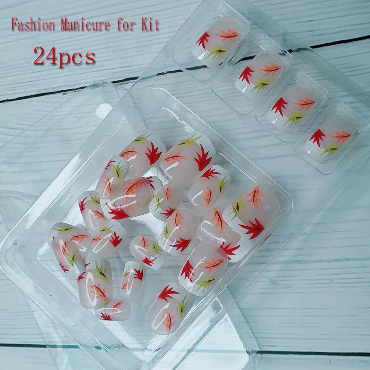 Autumn Maple Leaf Press-On Nails - Glossy Square French Tip Fake Nails with Leaf Design, White Acrylic Stick-On Nails for Women | Fall Winter Manicure, Thanksgiving Party & Holiday Nail Art