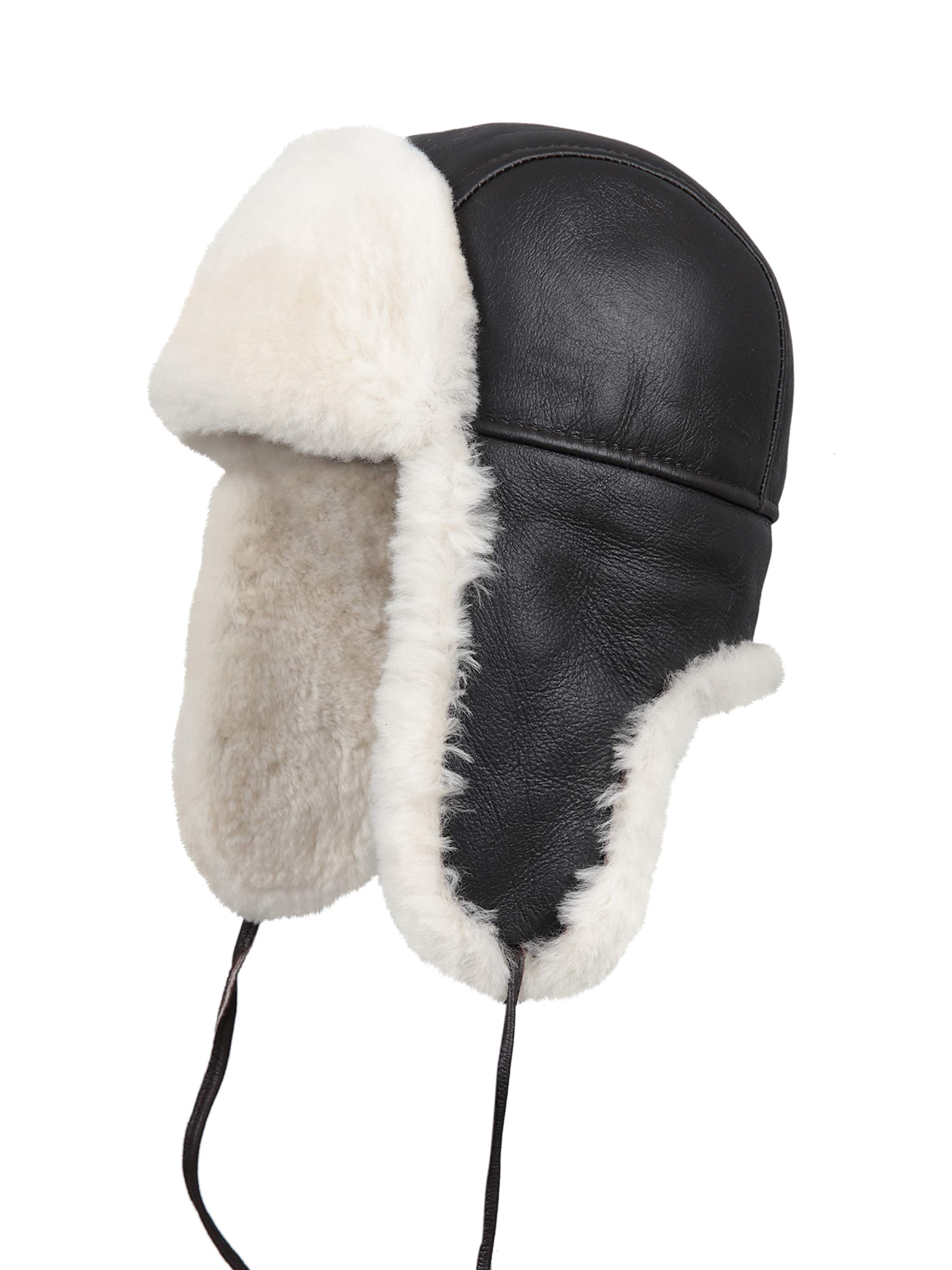 Genuine Leather Aviator Shearling Ushanka Trapper Hat - Russian Sheepskin Winter Cap with Real Fur & Ear Flaps for Men and Women - Warm Cold Weather Hat for Skiing, Snowboarding & Outdoor Adventures