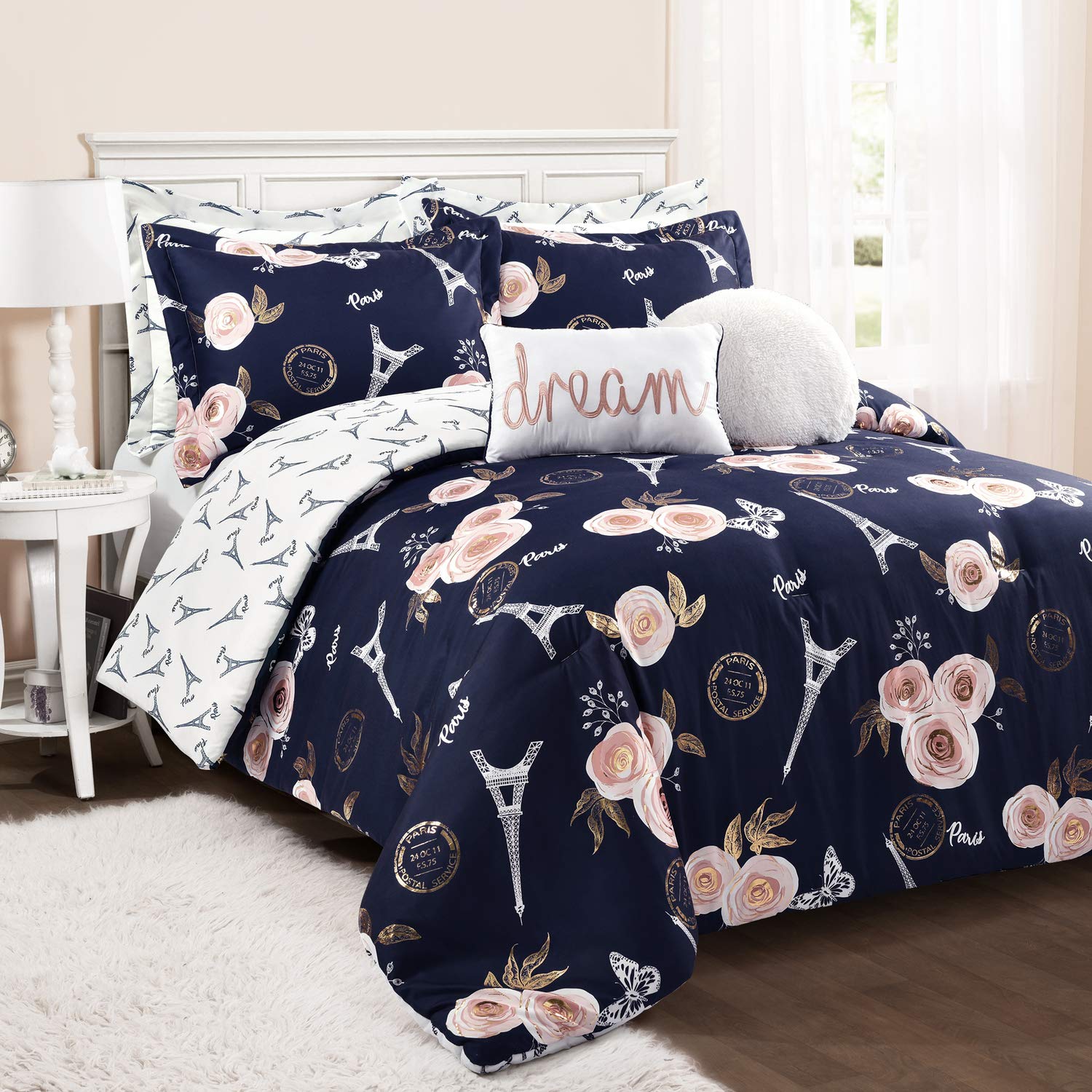 Lush Decor Navy Vintage Paris Rose Butterfly 7-Piece Reversible Comforter Set - Full/Queen Size Bedding for Cozy Bedroom Decor | Perfect for Master Bedroom, Guest Room & Dorm