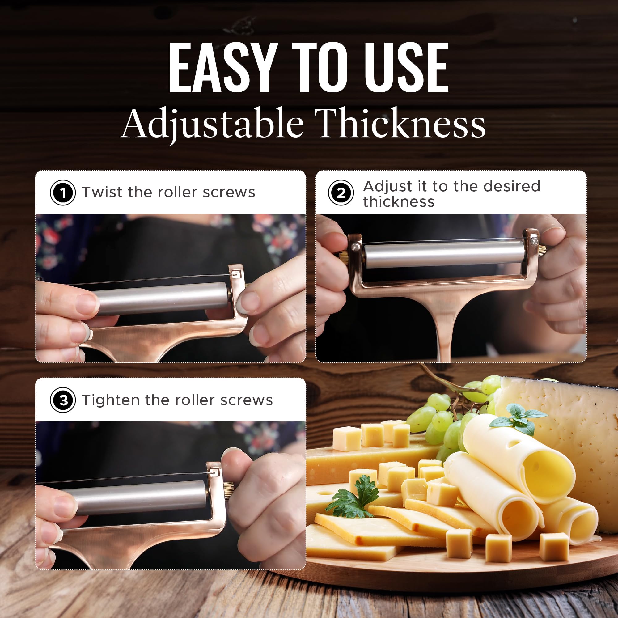 Zulay Adjustable Thickness Cheese Slicer - Heavy Duty Wire Cheese Cutter for Mozzarella, Cheddar, Gouda & Block Cheese - Includes 2 Extra Copper Wires - Perfect for Kitchen, Deli, Party Platters & Charcuterie Boards