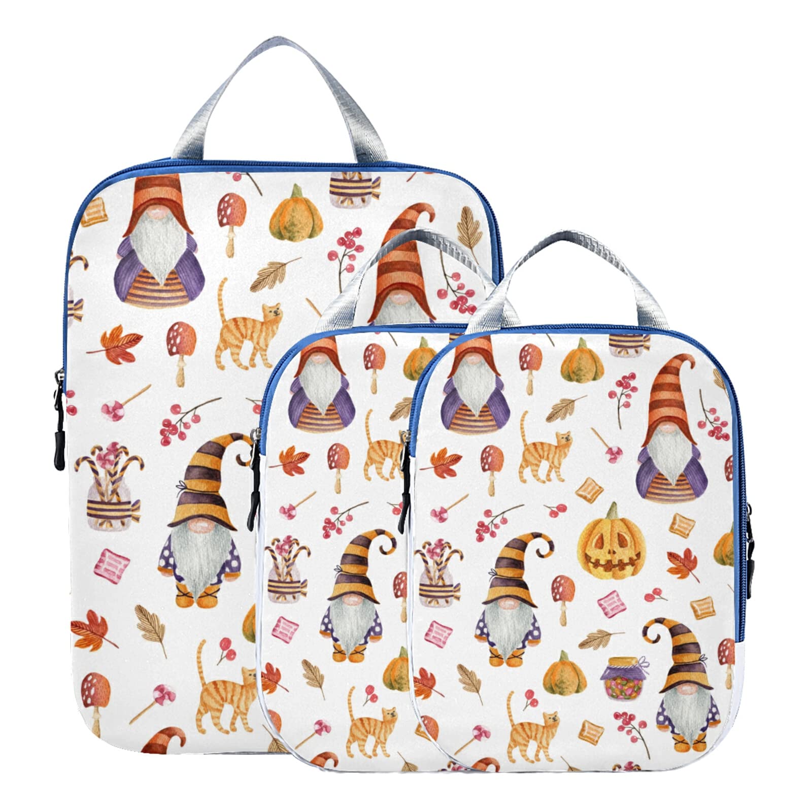 Expandable Adjustable Ultralight Luggage Packing Bags - 3 Piece Set of Compressible Travel Organizer Cubes for Suitcase | Halloween Watercolor Gnomes, Pumpkins & Leaves Design | Perfect for Air Travel, Weekend Getaways & Business Trips