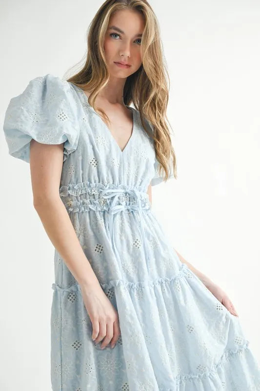 Light Blue Puff Sleeve V-Neck Midi Summer Dress - Flowy Casual Sundress for Beach, Vacation & Date Night
