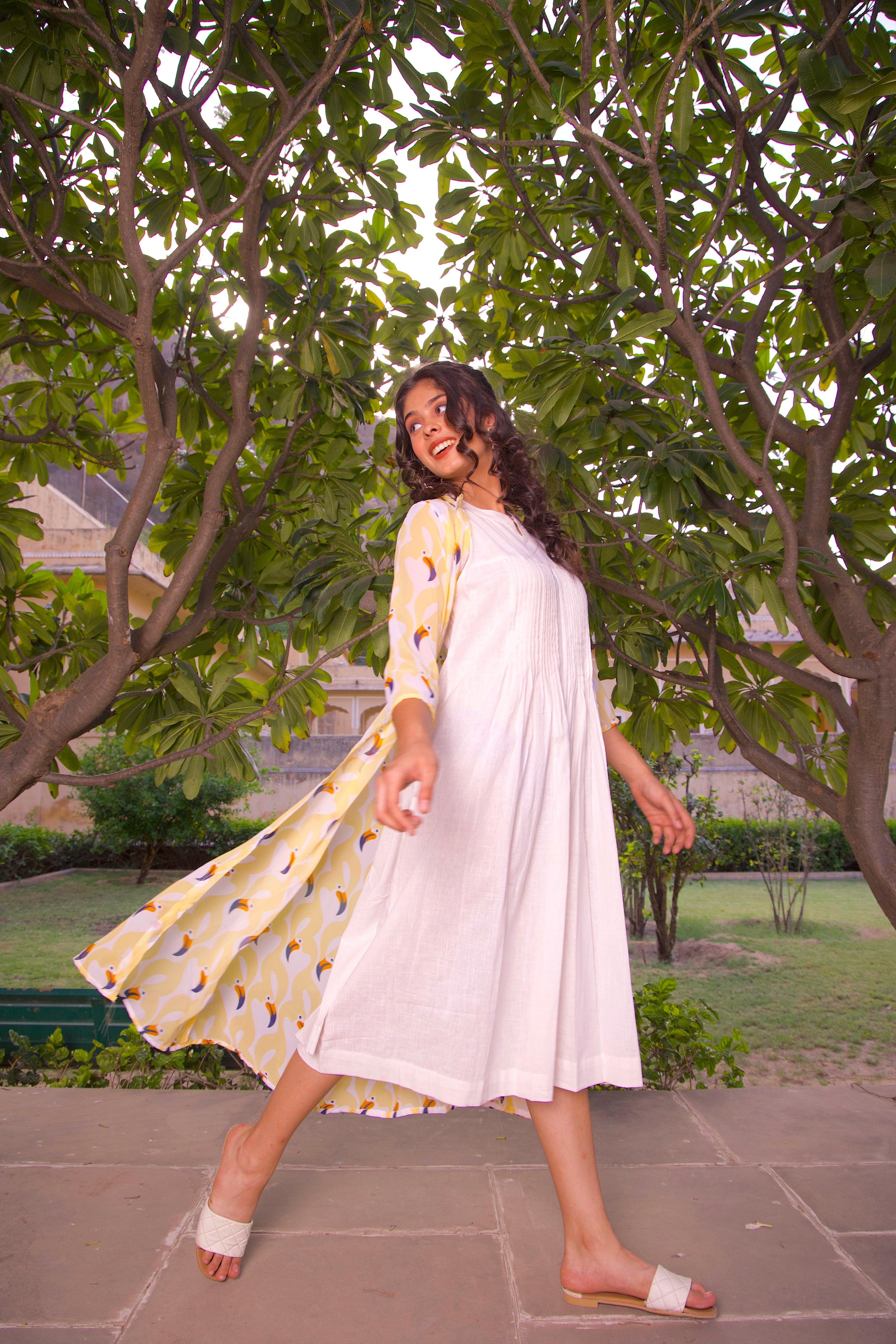 Stylish Yellow Printed Jacket & Maxi Dress Set for Women - Trendy Spring/Summer Outfit for Beach, Party & Casual Wear