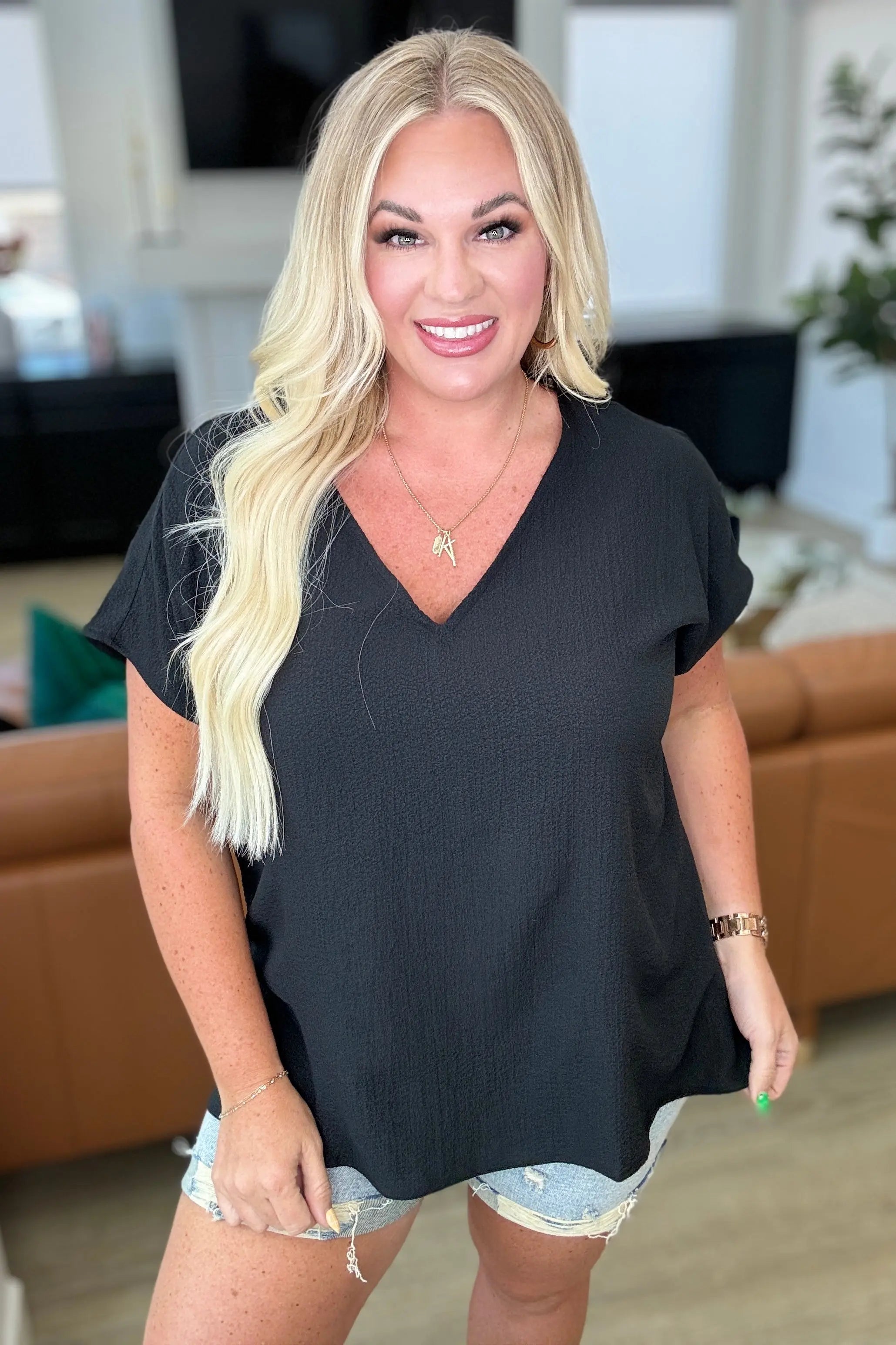 Let Me Be Your Wings V Neck Top - Black Women's Casual T-Shirt for Everyday Wear & Layering | Perfect for Work, Dates, and Outings