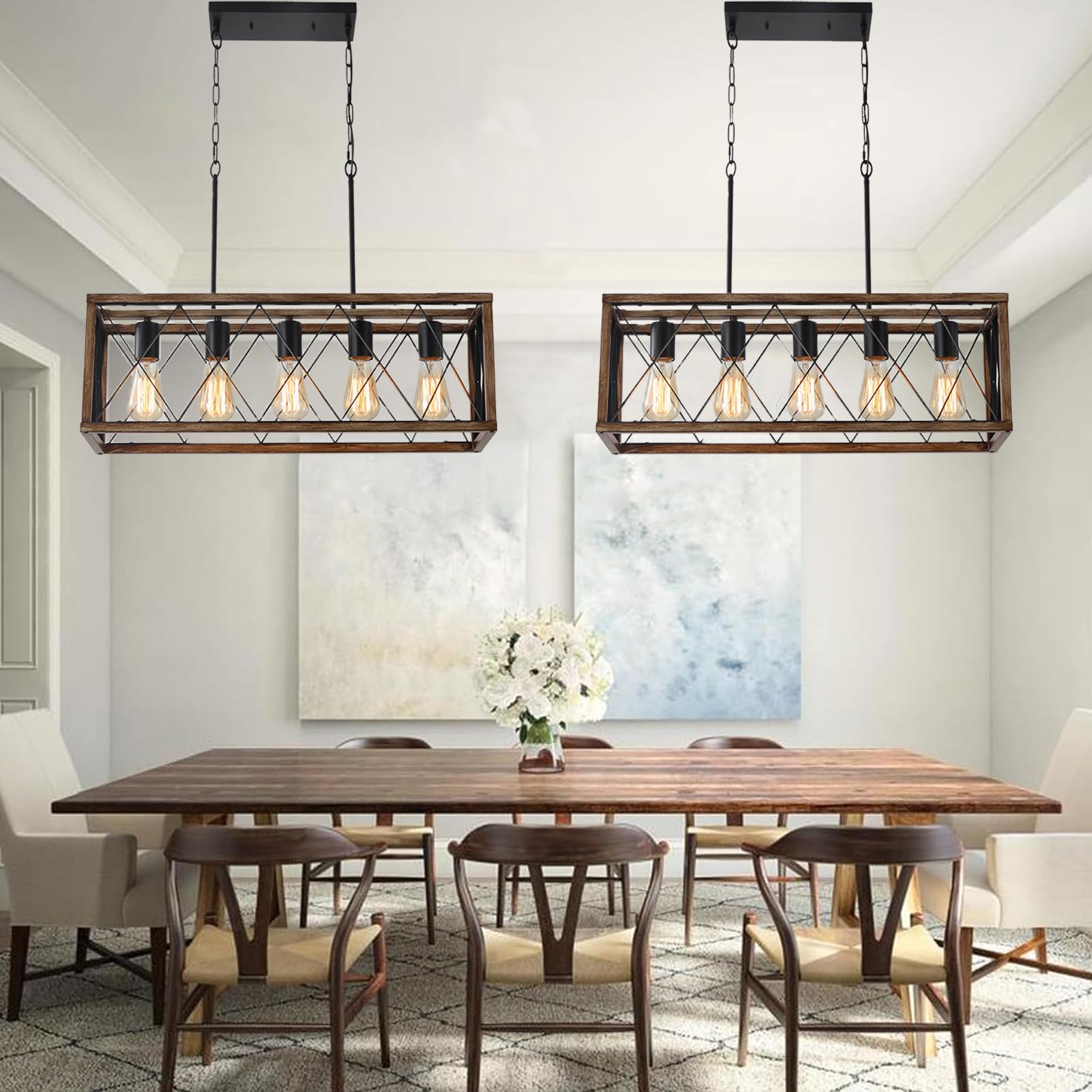 Farmhouse 5-Light Adjustable Height Dining Room Chandelier - Industrial Metal Kitchen Pendant Lighting for Island, Table & Sink - Wood Grain Finish - Perfect for Rustic Kitchens, Dining Areas & Farmhouse Decor