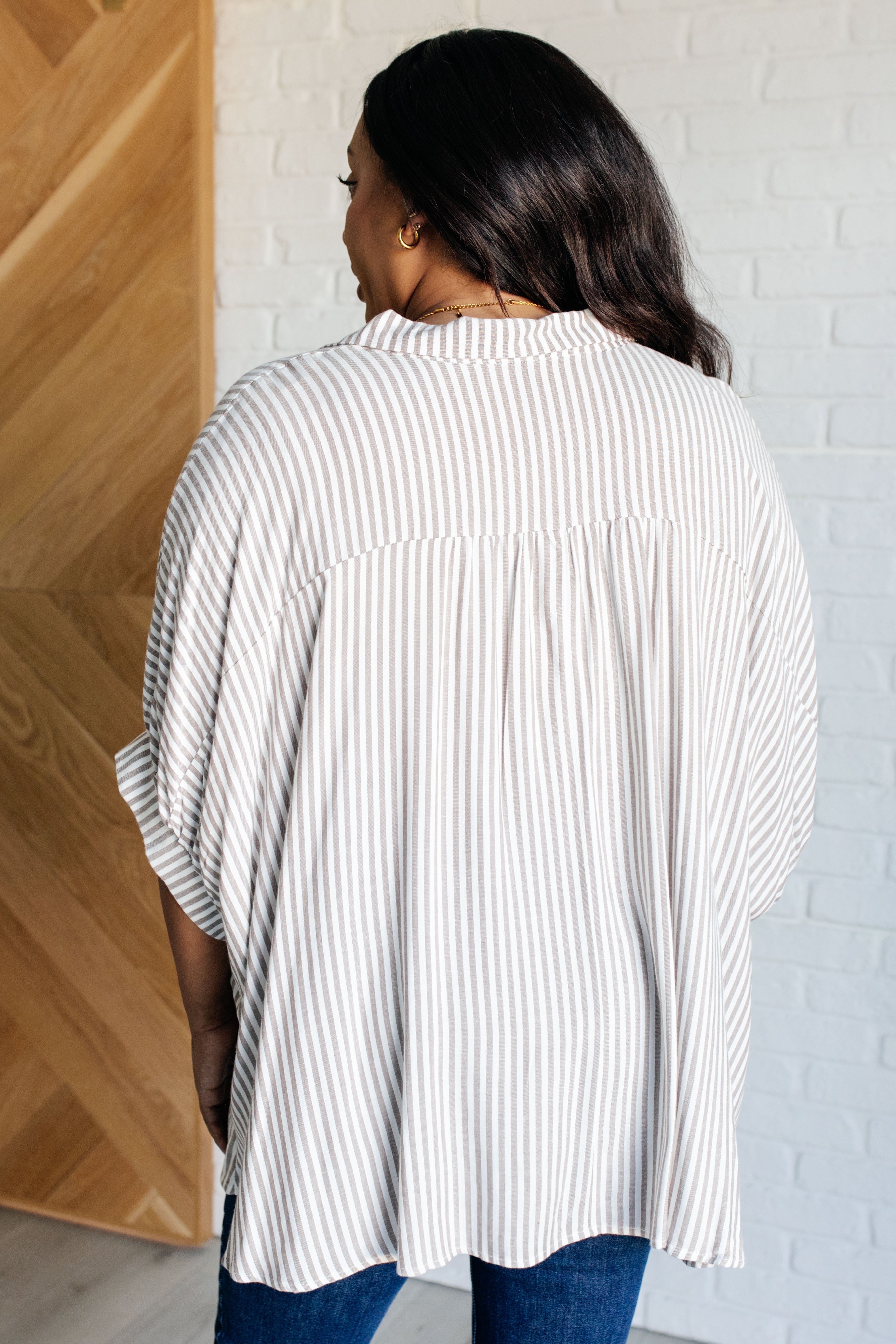 Stylish Boxy Striped Button-Up Shirt in Mocha - Perfect for Casual Outfits & Office Wear | Women's Fashion Top