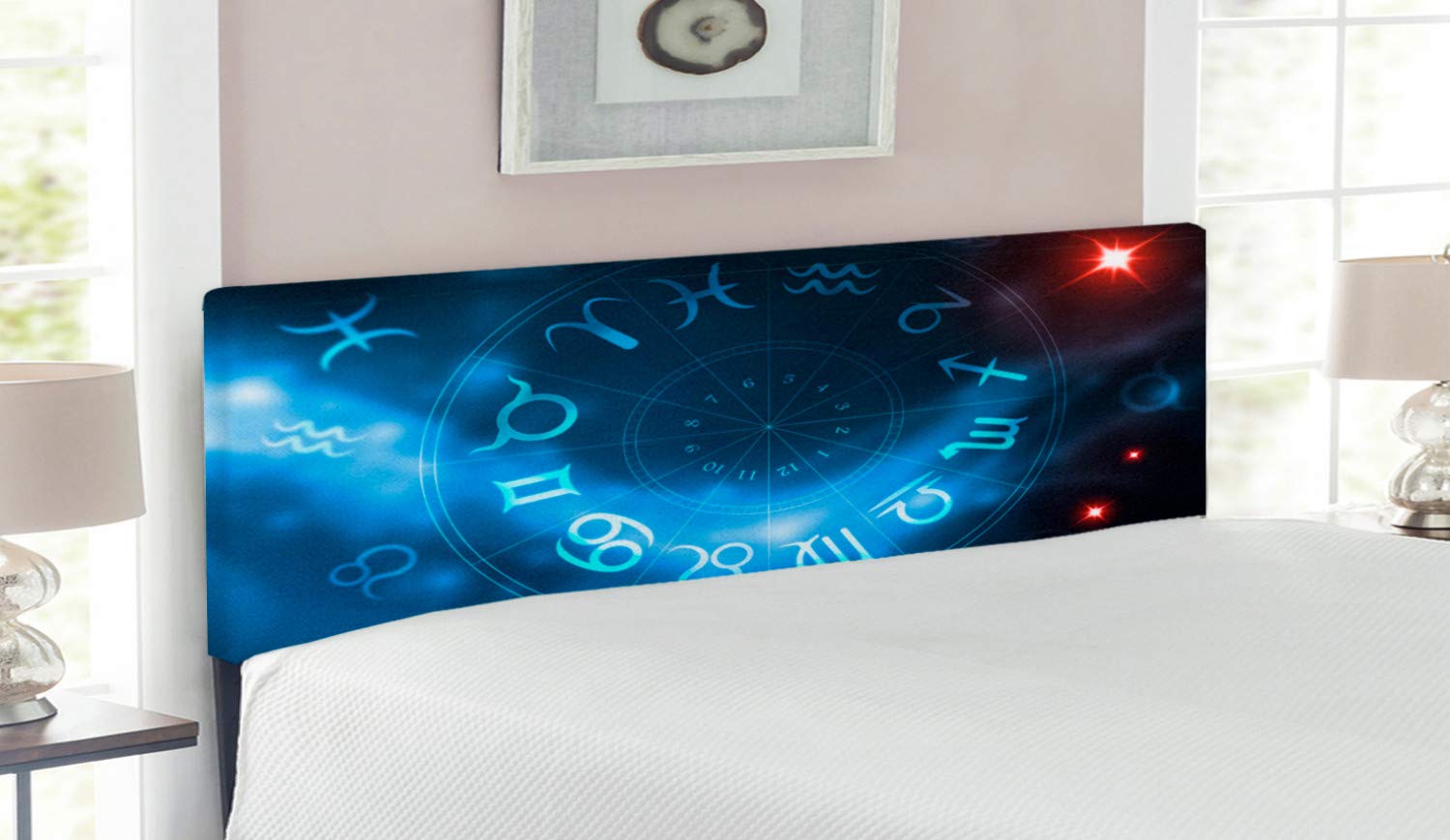 Ambesonne Astrology Upholstered Headboard - Virgo Scorpio Sagittarius Zodiac Signs with Abstract Design, Memory Foam Queen Size Bed Headboard in Blue White & Red | Perfect for Bedroom Decor, Home Styling & Astrology Lovers