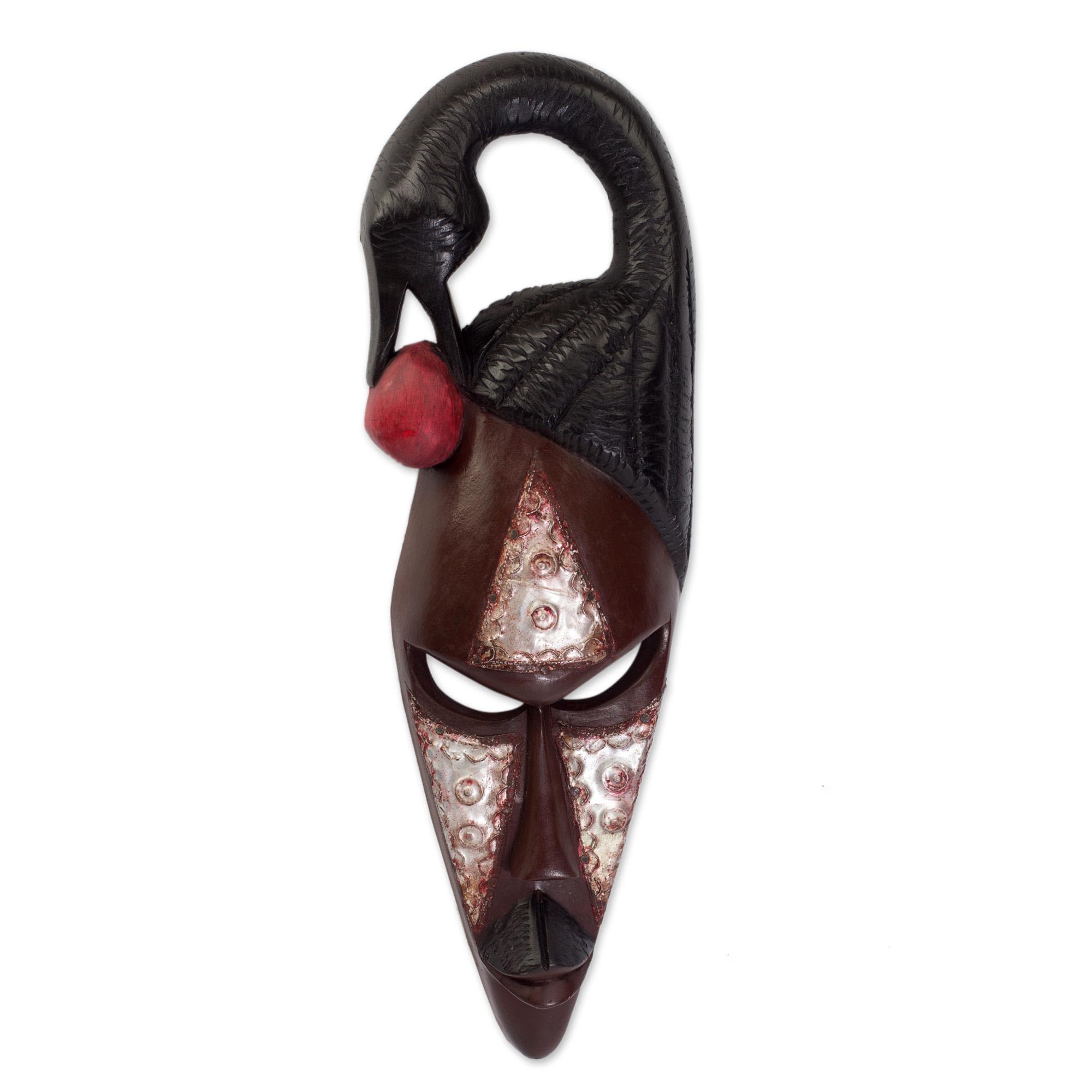 NOVICA Handcrafted Sese Wood and Brass Sankofa Bird Mask - African Tribal Wall Decor, Brown Home Decoration for Living Room, Bedroom & Office