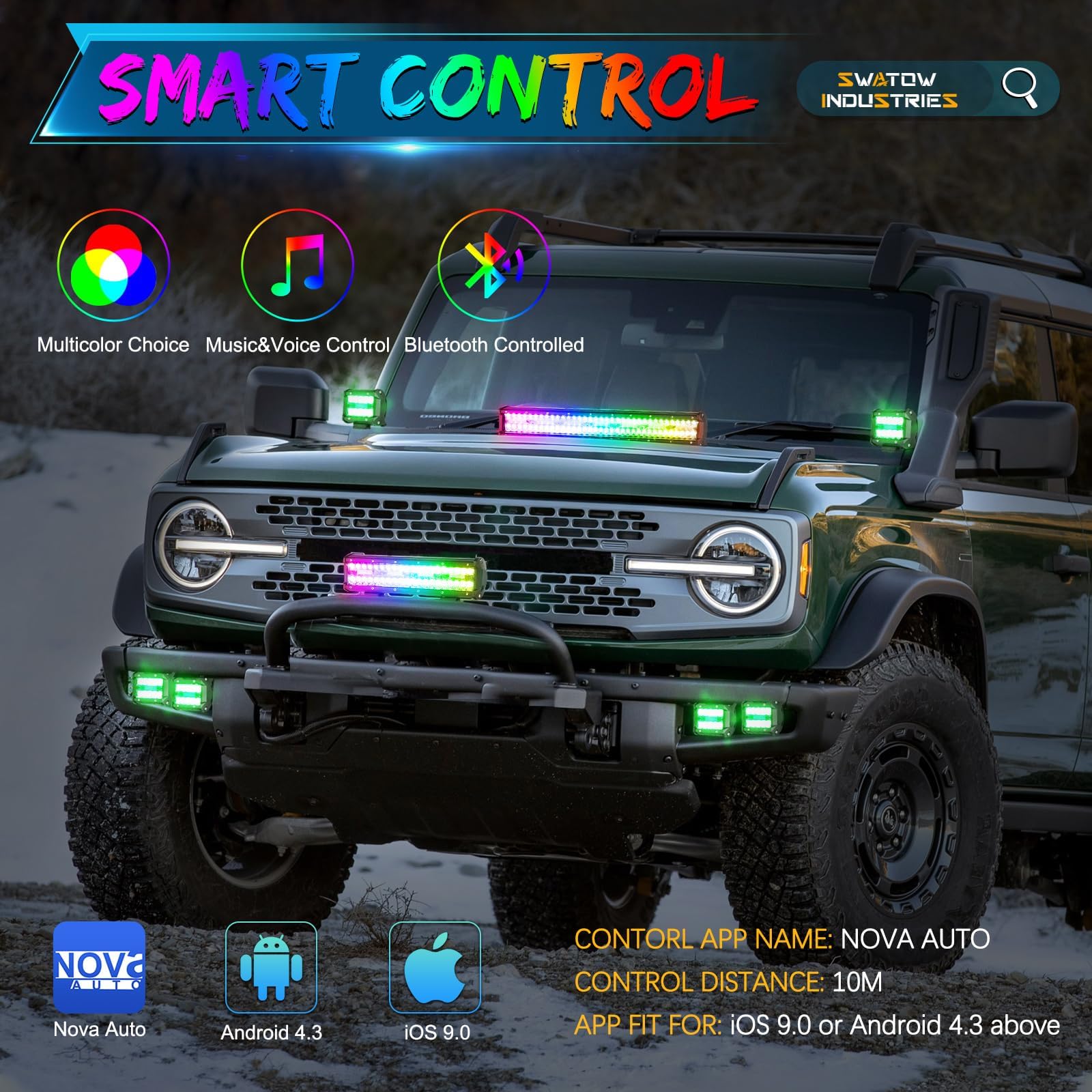 12 Inch RGBW LED Light Bar - Multicolor Off-Road LED Pod Lights for ATV, UTV, Truck, Jeep Wrangler & SxS | Waterproof, Bright DRL & Rock Lights for Night Driving, Camping & Outdoor Adventures