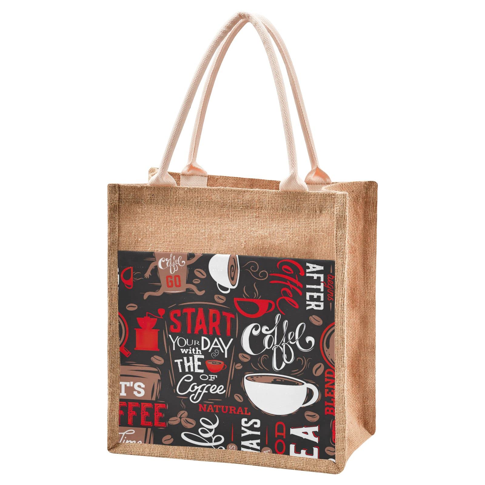 Eco-Friendly Coffee Pattern Jute Tote Bag - Waterproof Burlap Straw Grocery Shopping Bag for Women, Beach, Travel & Daily Use | Reusable & Durable for Market, Picnic & Work Commute
