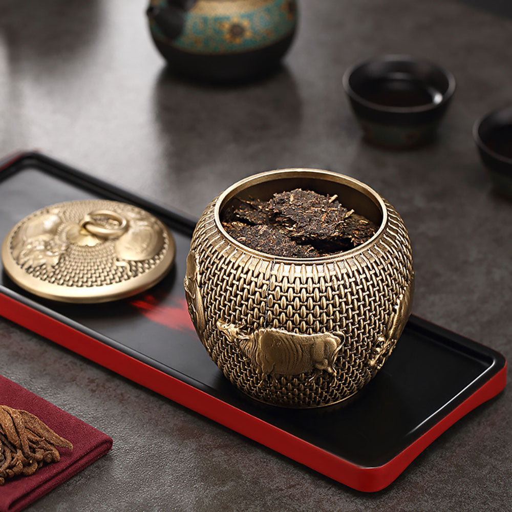 Five Cattles Brass Tea Caddy - Premium Airtight Tea Storage Container for Loose Leaf Tea, Herbs & Spices | Perfect for Kitchen, Pantry & Tea Ceremony Gifts
