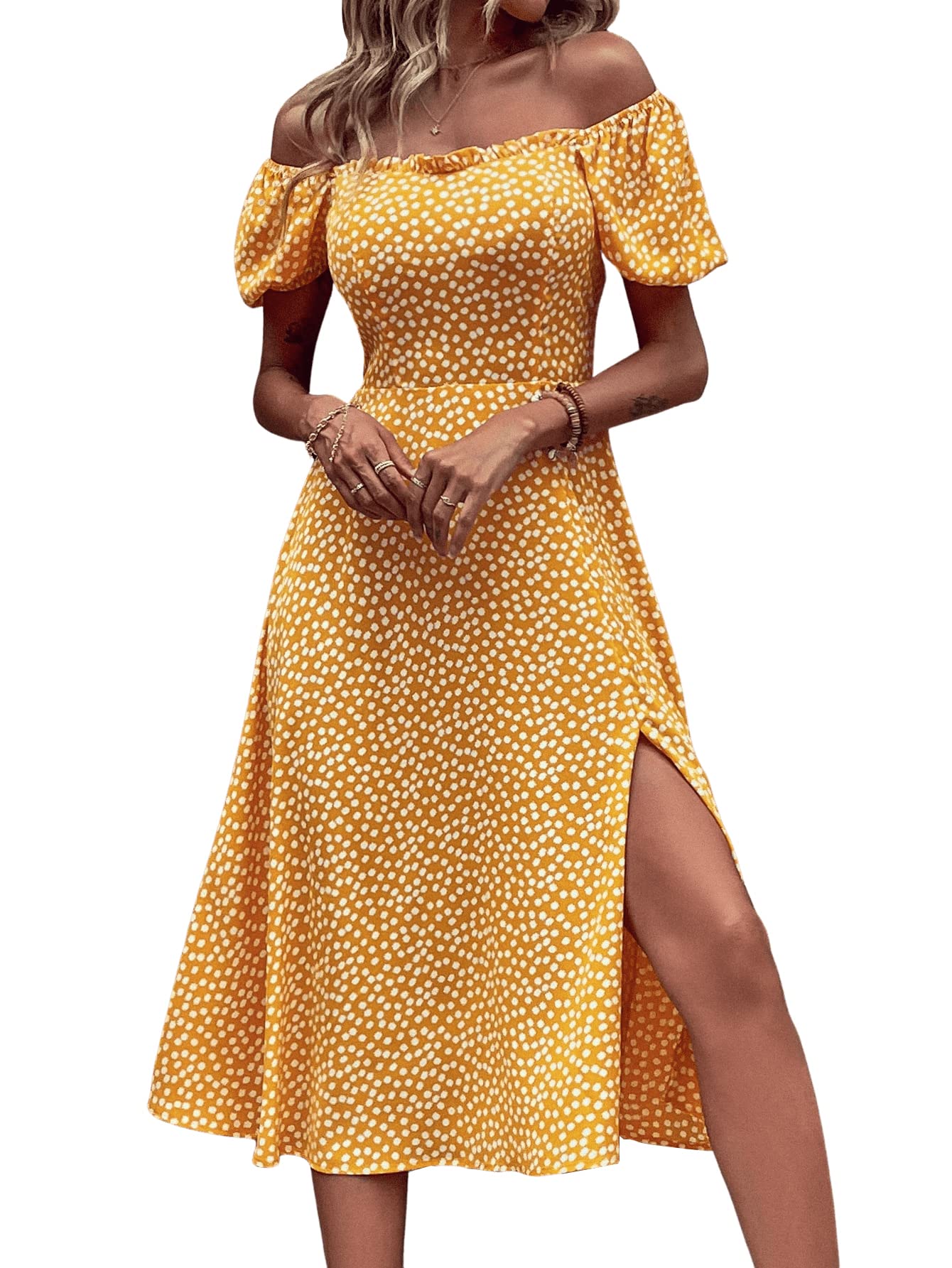 SweatyRocks Women's Boho Floral Midi Dress - Short Puff Sleeve, A-Line Flare with Slit | Perfect for Summer Vacations, Beach Parties & Boho Fashion Outfits