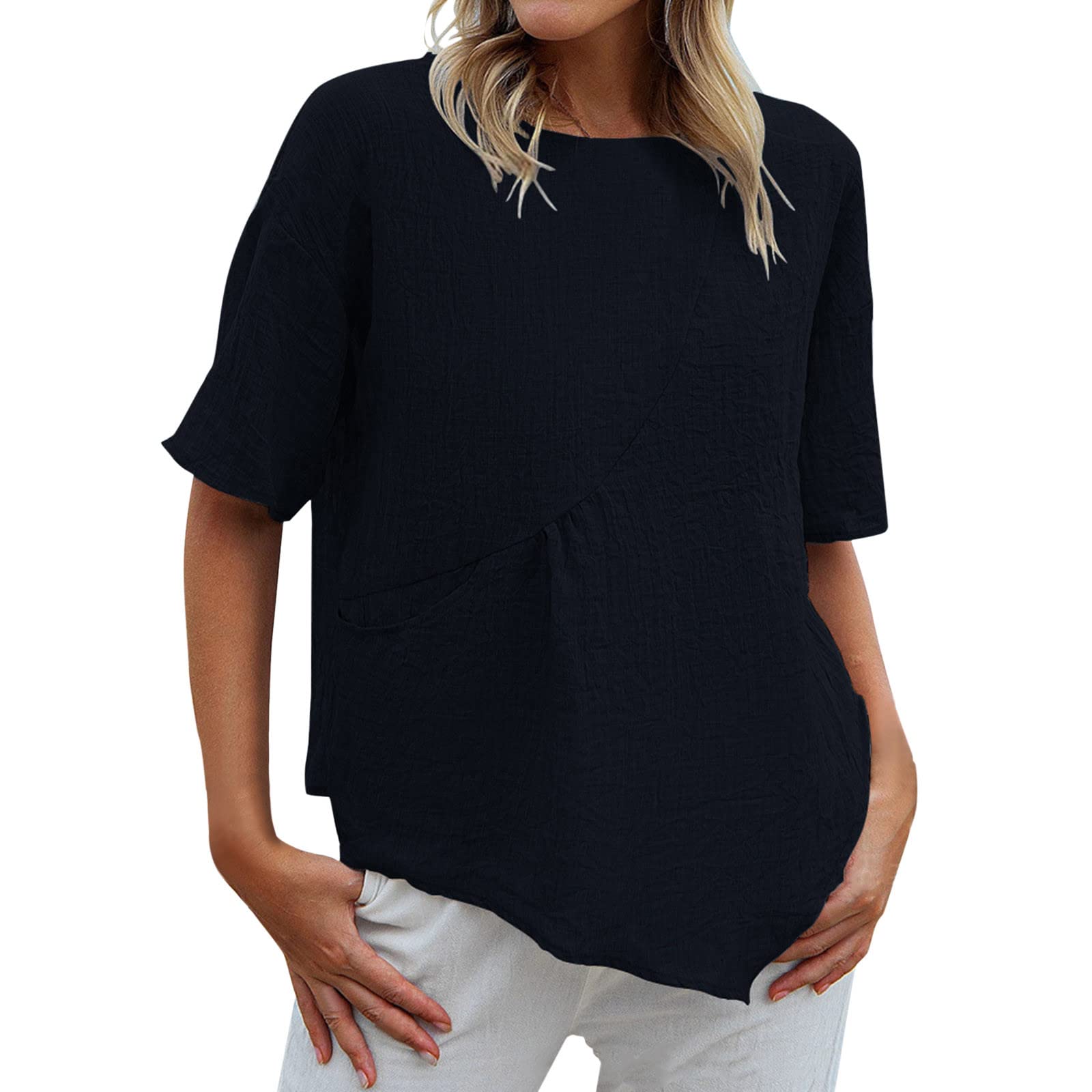 DGTVVR Women's Solid Color Crew Neck Short Sleeve Cotton Linen Tee Blouse - Summer Casual & Formal Loose Fit T-Shirt for Women | Office Wear, Weekend Outfits, Travel Essentials