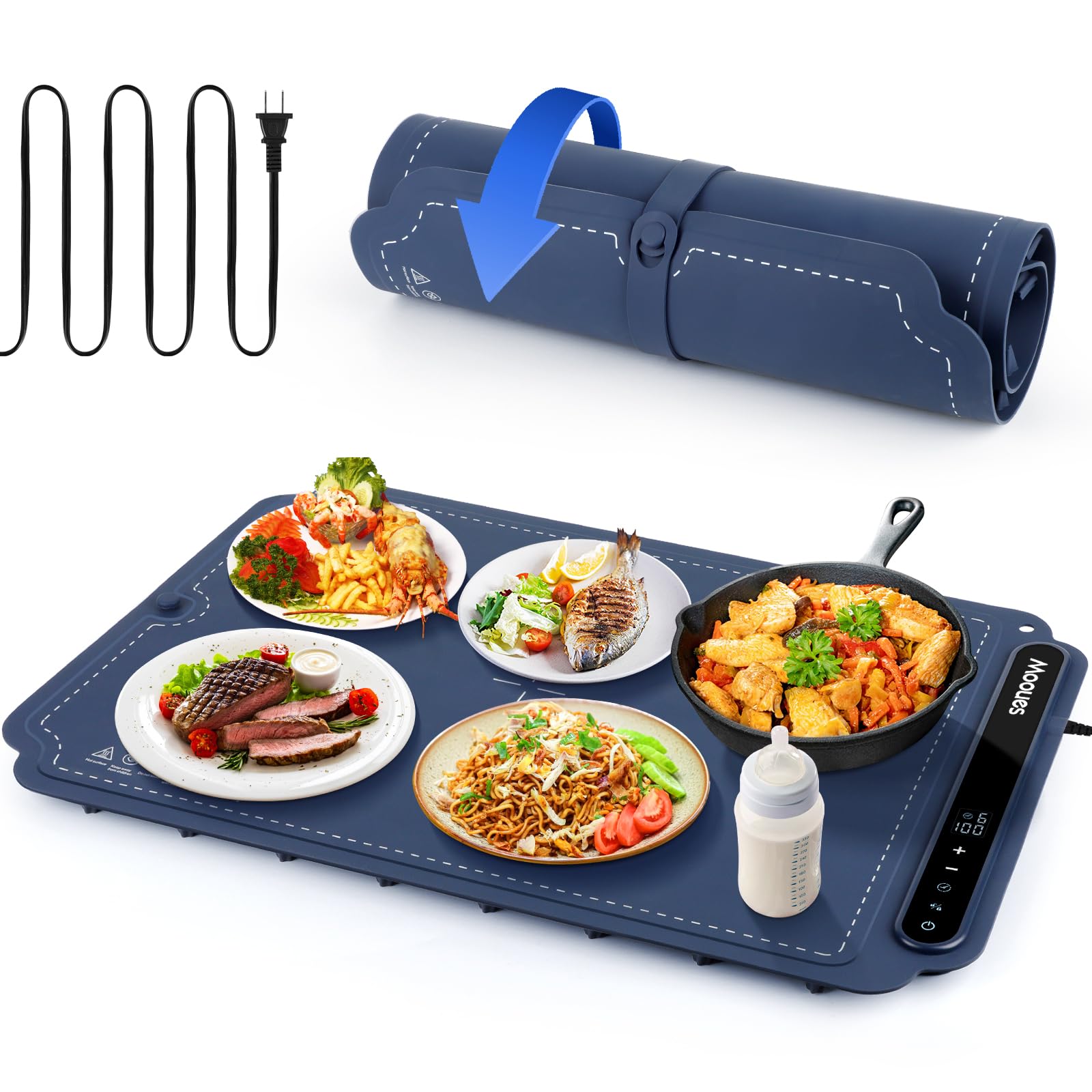 Electric Warming Tray - Portable Silicone Food Warmer Mat with 7 Temperature Levels & 6H Timer | Full Surface Heating for Home, Parties, Buffets | Perfect for Keeping Meals Warm at Dinner & Events (Blue)