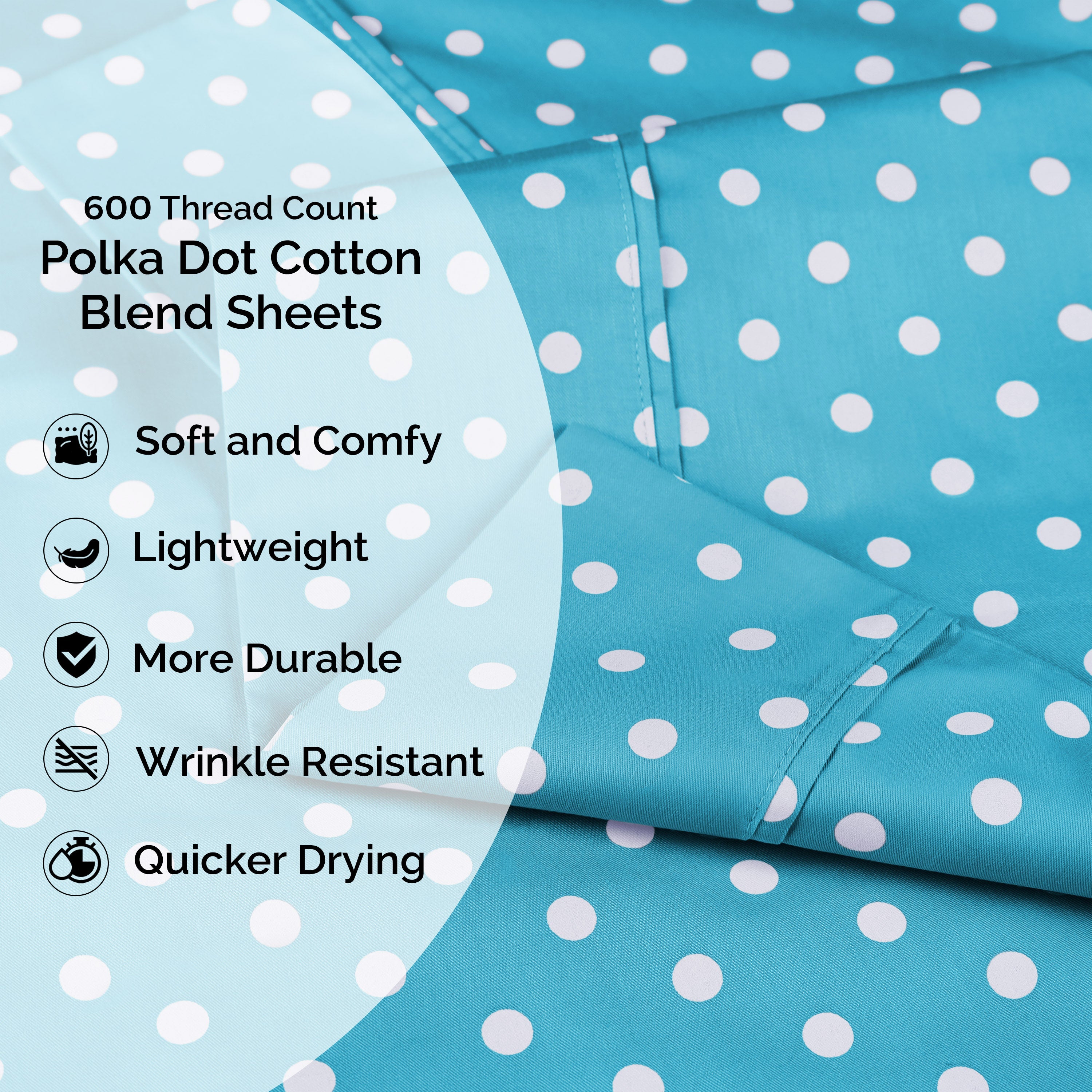 Polka Dot 600 Thread Count Cotton Blend Deep Pocket Sheet Set - Queen Size Bed Sheets for Comfortable Sleep - Perfect for Master Bedroom, Guest Room & Dorm