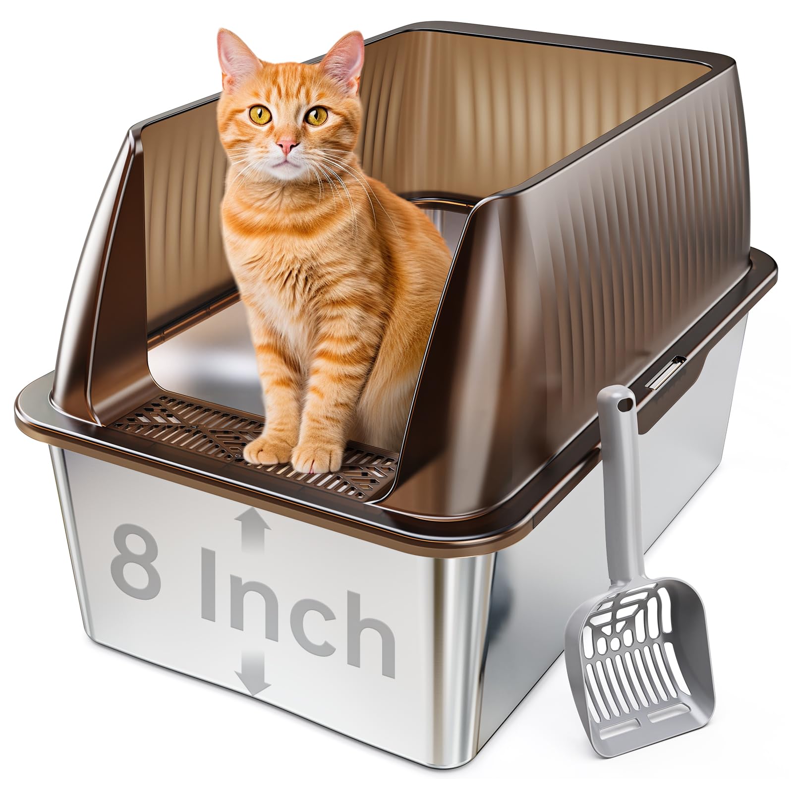 15” XL Stainless Steel Cat Litter Box with High Sides - Extra Large Metal Litter Pan for Big Cats & Multiple Kittens - Non-Stick, Easy to Clean - Includes Scoop - Perfect for Homes with Large Breeds or Multiple Pets