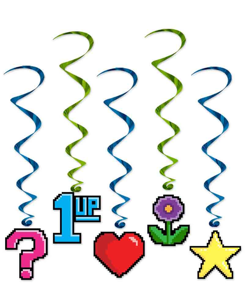 8 Bit Hanging Swirl Decorations - Pack of 5 Retro Arcade Party Decor for Gaming Room, Birthday & Themed Events