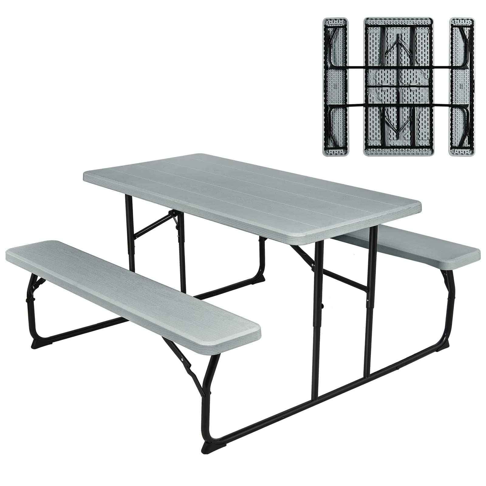 Giantex Folding Picnic Table with Benches - Outdoor Dining Set for Camping, Patio, Lawn, Garden & Poolside - Portable Weather-Resistant Metal Frame (Gray) - Perfect for BBQs, Picnics & Outdoor Gatherings