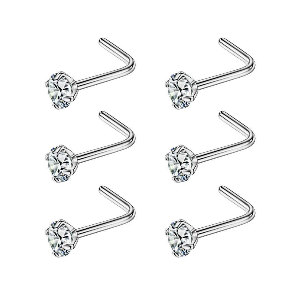 FANSING L-Shaped Nose Studs for Women & Men - Surgical Steel Nose Rings with Cubic Zirconia - Hypoallergenic Nostril Piercing Jewelry - Perfect for Everyday Wear, Parties & Special Occasions