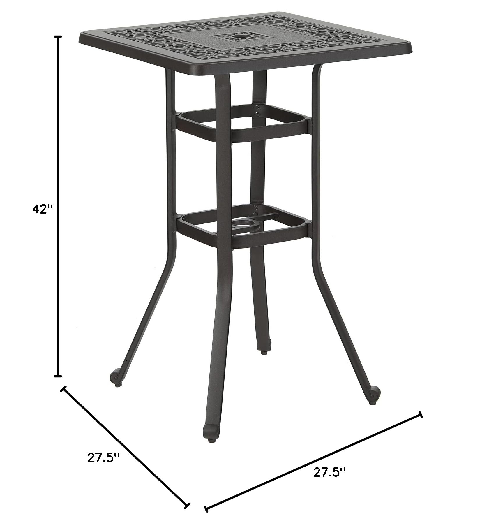 MFSTUDIO 27.5 Inch Square Cast Aluminum Bar Height Patio Table - 42 Inch Tall Outdoor Dining Table with 1.75 Inch Umbrella Hole - Perfect for Bistro, Backyard, Poolside, Garden, Deck, and Outdoor Entertaining - Brown