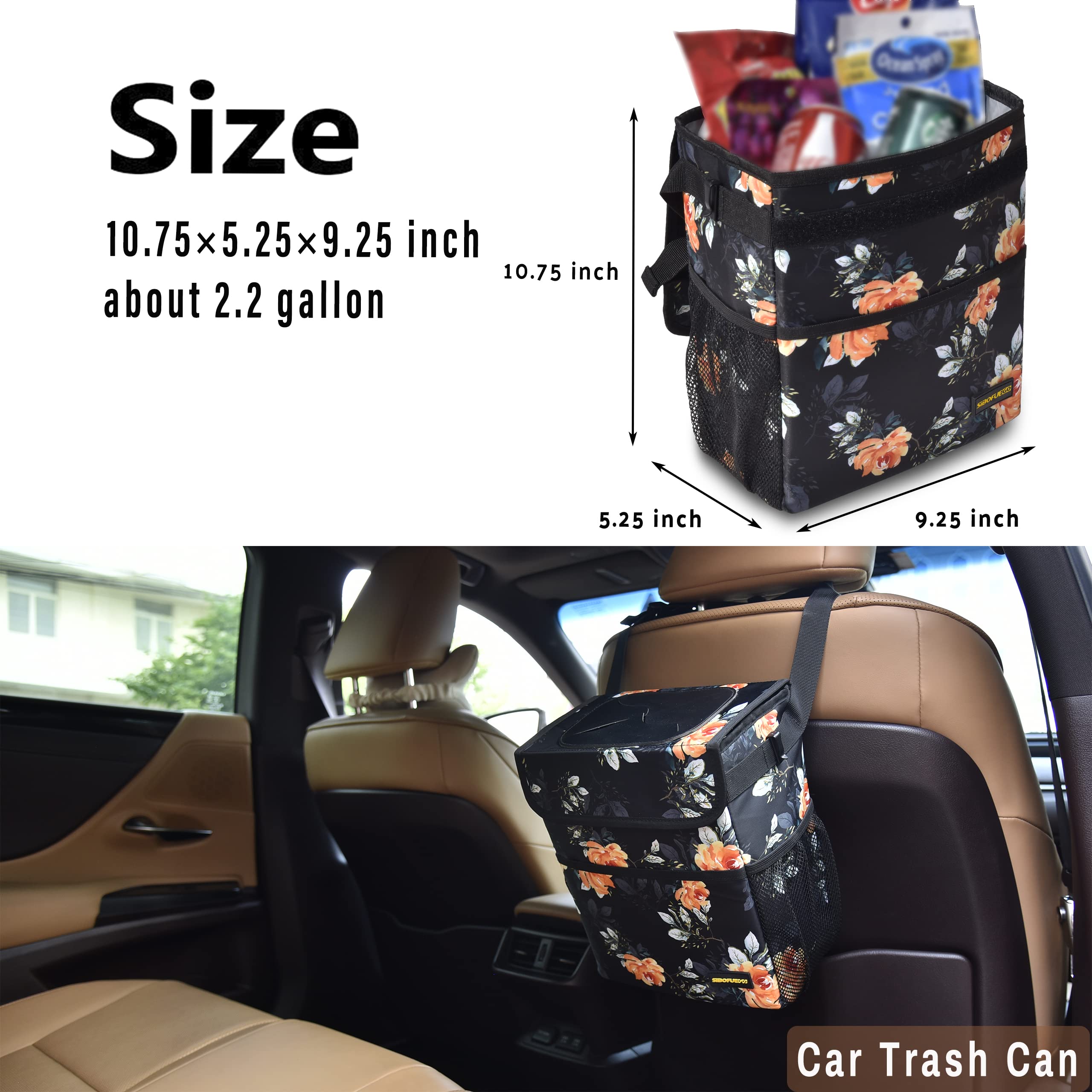 Leak-Proof Collapsible Car Trash Can with Lid - 2 Gallon Waterproof Garbage Bin with Storage Pockets & Adjustable Straps for Vehicles, Travel, Camping & Home Use (Flower Design)