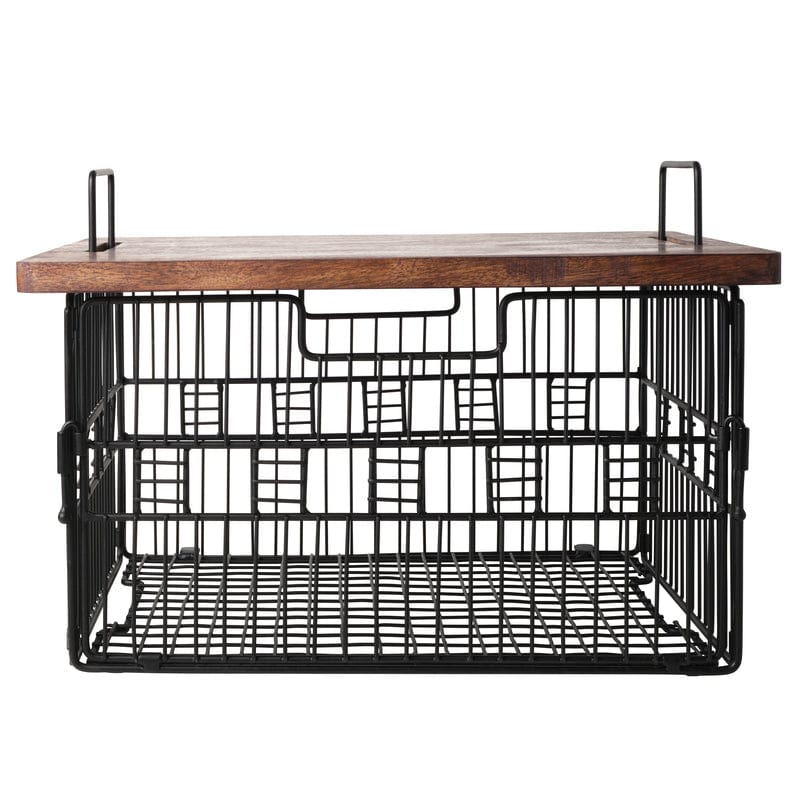 Madam Grid Stacking & Nesting Basket with Mango Wood Lid - Organize Pantry, Bathroom, or Office Supplies - Stylish Storage Solution for Home Decor