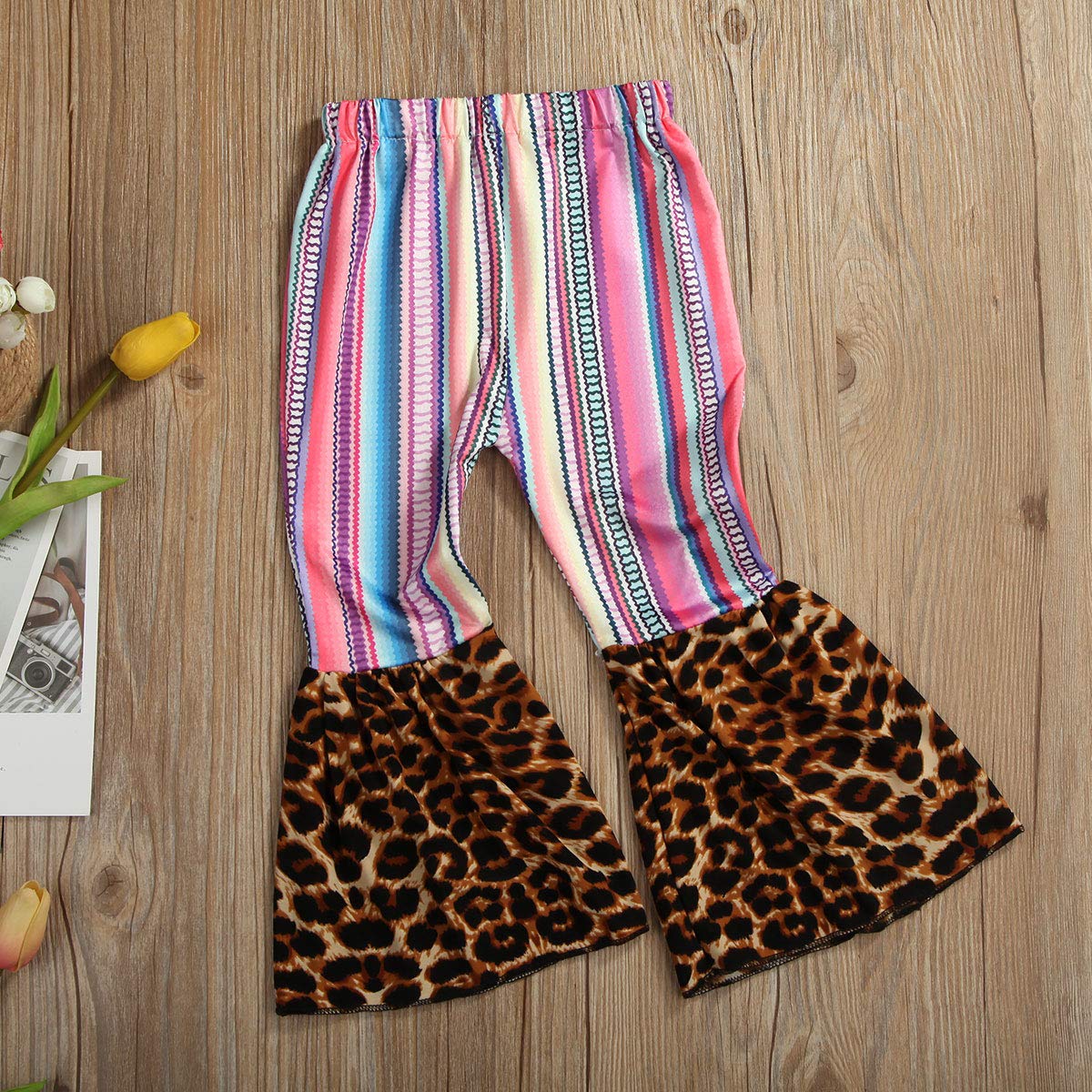 Toddler Girls Leopard Print Ruffle Leggings - Flare Bell Bottom Pants with Plaid Design for Playdates, Parties & Everyday Wear