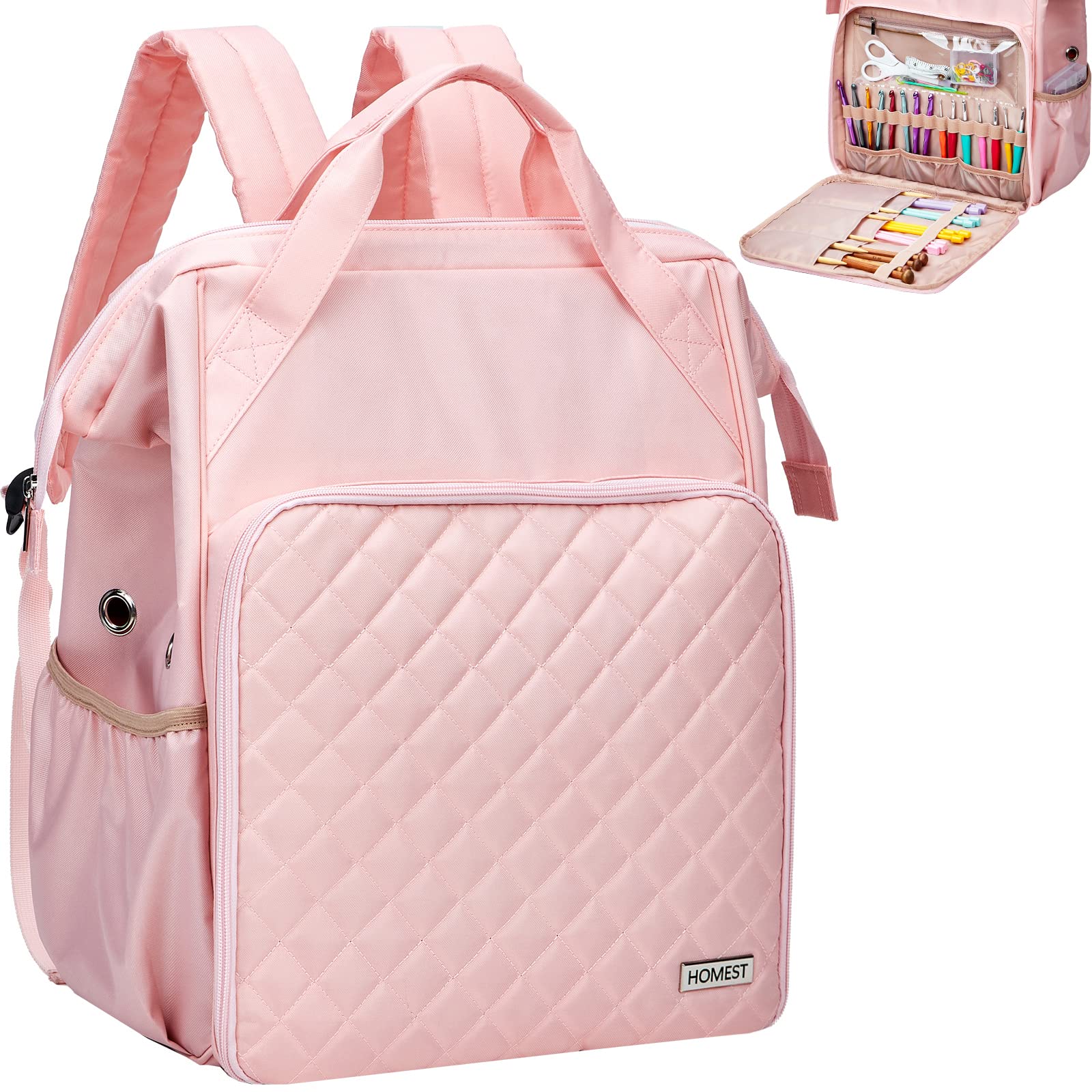 HOMEST Knitting Bag Backpack - Large Crochet Storage Organizer with Custom Front Pocket for Yarn, Needles & Supplies | Pink Yarn Holder for Knitting & Crocheting Projects | Perfect for Travel, Crafting & Home Organization