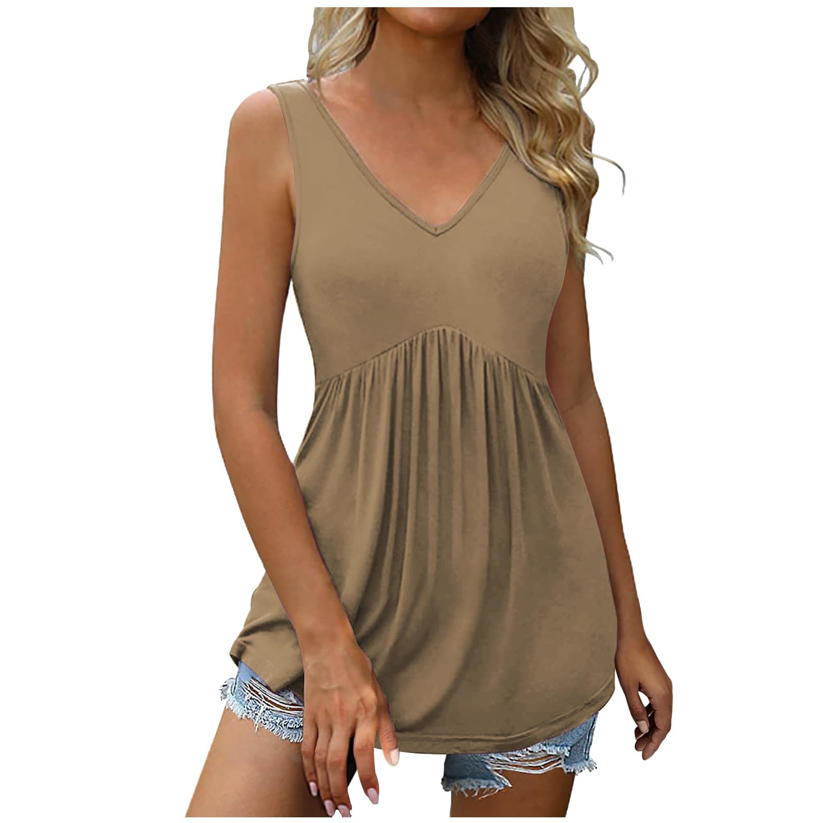 Women's Sleeveless V-Neck Pleated Tunic Tops - Loose Casual Tank Blouses with Floral & Solid Prints - Summer Longline Tee Shirts for Work, Travel & Everyday Wear