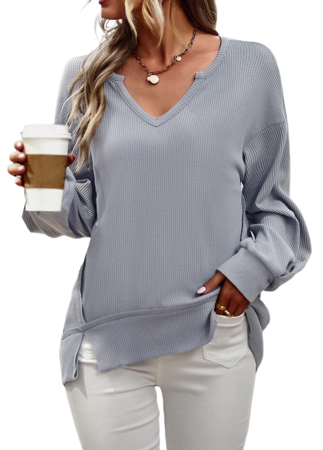 Niceyi Women's V-Neck Waffle Knit Long Sleeve Shirt - Casual Loose Fit Lightweight Pullover Blouse for Everyday Wear, Office & Fall Outfits