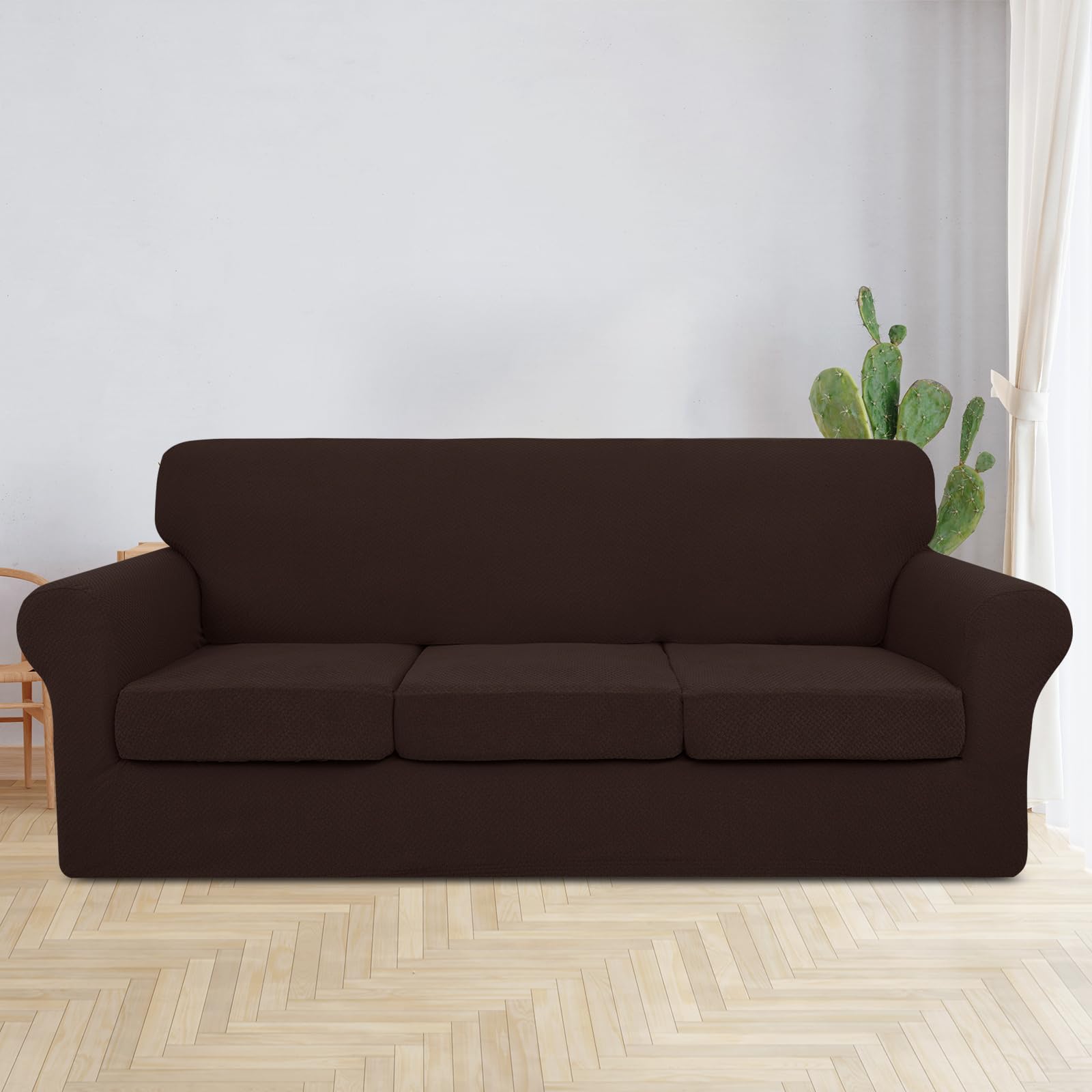 JIVINER 4-Piece Stretch Sofa Slipcover Set for 3-Cushion Couch - Thick Fitted Furniture Protector with 3 Seat Covers - Pet & Dog Proof - Dark Coffee - Perfect for Living Room, Family Room & Home Decor