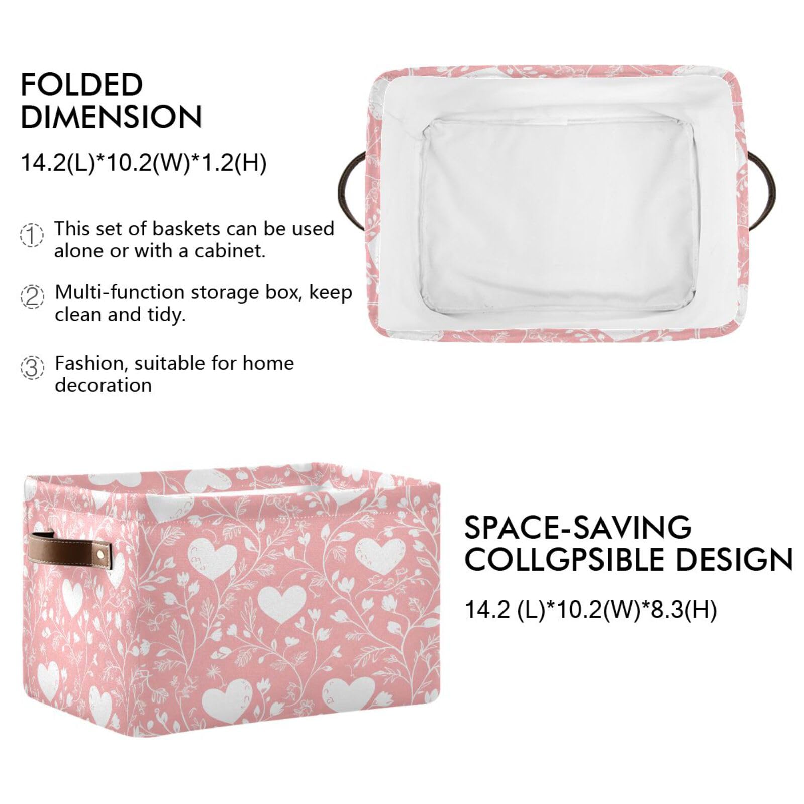 Kigai White Hearts Storage Bins for Shelves - Foldable Double Handle Storage Baskets with Metal Frame, Rectangular Closet Organizer Containers for Home & Bedroom - Perfect for Clothes, Toys, and Home Organization