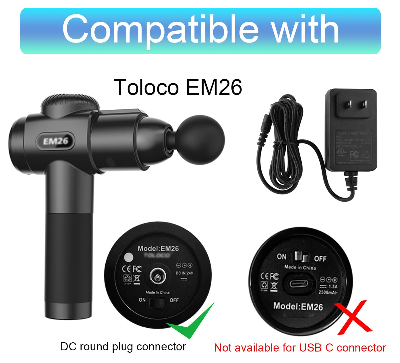 LEFXMOPHY EM26 Massage Gun Charger Replacement - 24V Power Adapter for TOLOCO EM26, AERLANG EM13, Darkiron EM31 - Portable Deep Tissue Massager Charging Cord for Home, Gym & Travel Use