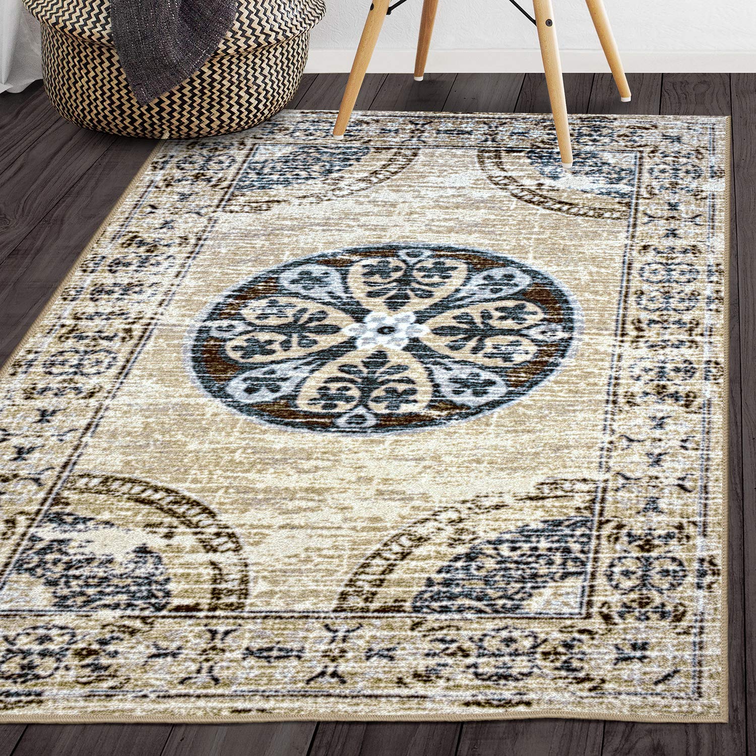 Bluenilemills Alizeh Indoor Area Rug – Central Medallion Design with Distressed Border, Plush & Durable, Non-Slip Foam Backing, Machine Washable (8'x10') – Perfect for Living Room, Bedroom, or Office Decor