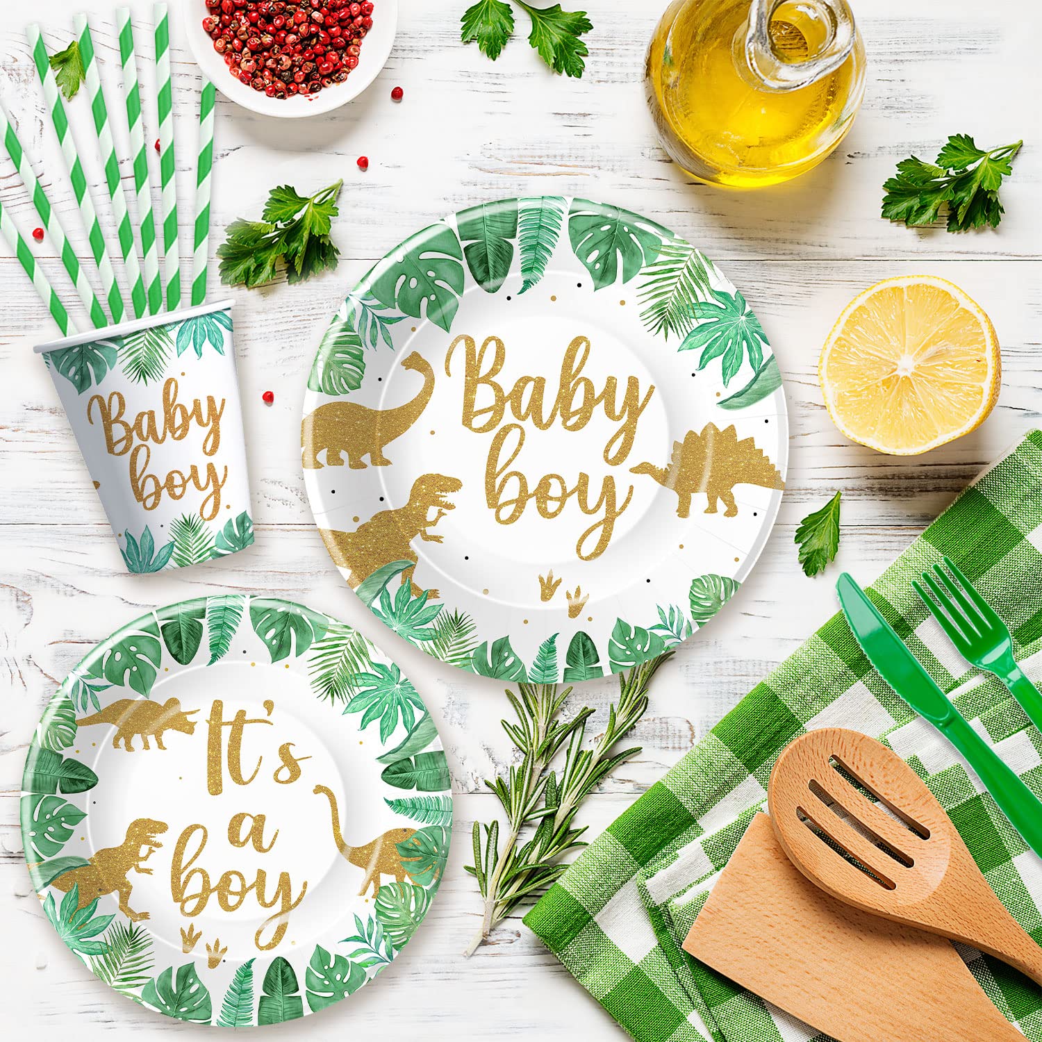 Dinosaur Baby Shower Decorations for Boys - Jungle Safari Theme Party Supplies Set with Plates, Cups, Napkins, Tablecloth, Straws & Cutlery | 24-Piece Dinosaur Decor Kit for Baby Boy | Perfect for Birthday Parties, Gender Reveals & Nursery Decorations