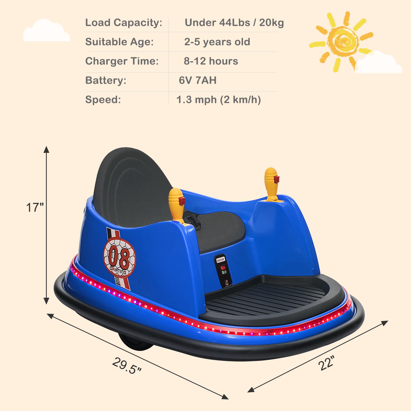 JOYMOR 6V Electric Bumper Car for Kids with Remote Control - 360° Spin, Flashing LED Lights, 2 Driving Modes, Music & Safety Belts | Perfect for Indoor/Outdoor Play, Birthday Gifts for Boys & Girls (Blue)