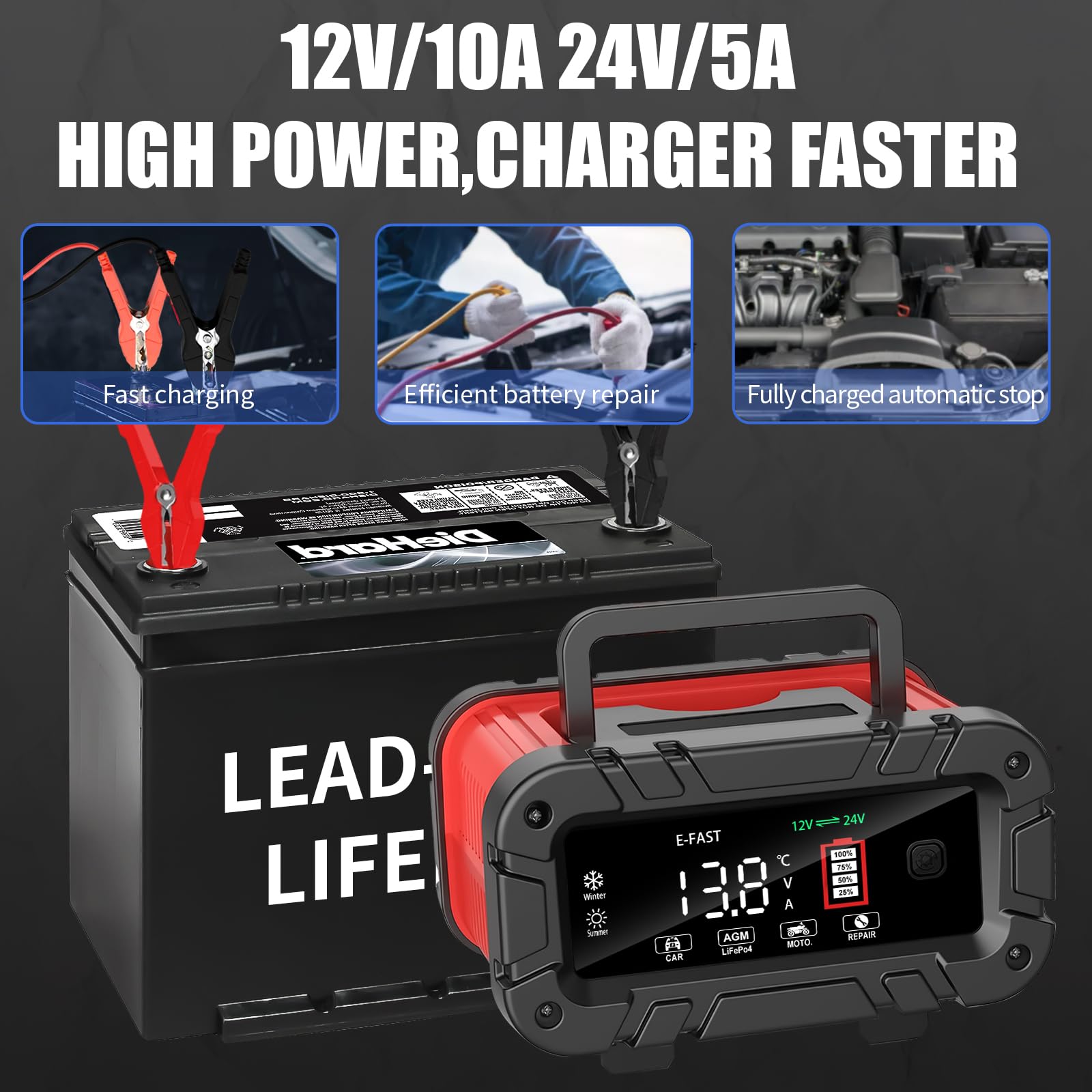 E-FAST 10A Smart Battery Charger for 12V 24V LiFePO4 & Lead Acid - Portable Car Battery Charger with LCD Display, Auto Temperature Compensation - Ideal for Automotive, RV, Boat, Motorcycle & Power Equipment Maintenance