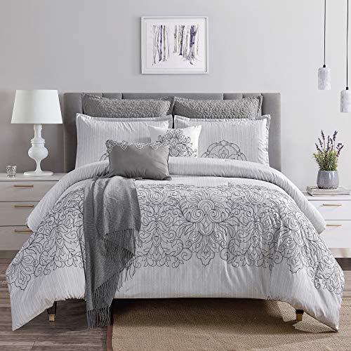 Luxury 8-Piece Linen Comforter Set Full/Queen - Modern Light Gray Damask Pattern with Shams, Cushions & Throw | Bed in a Bag | Soft & Breathable for All-Season Comfort | Perfect for Master Bedroom, Guest Room, or Airbnb Styling