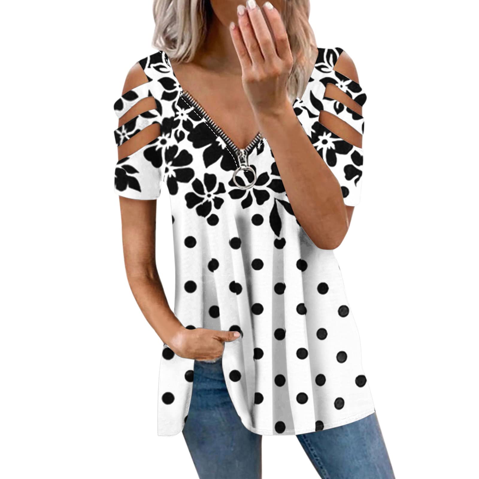 Women's Western Style Summer Tops - Short Sleeve V-Neck Zipper Pullover with Color Block Design | Vintage Inspired Casual Shirt for Women | Perfect for Outdoor Music Festivals, Country Rides & Summer Date Nights