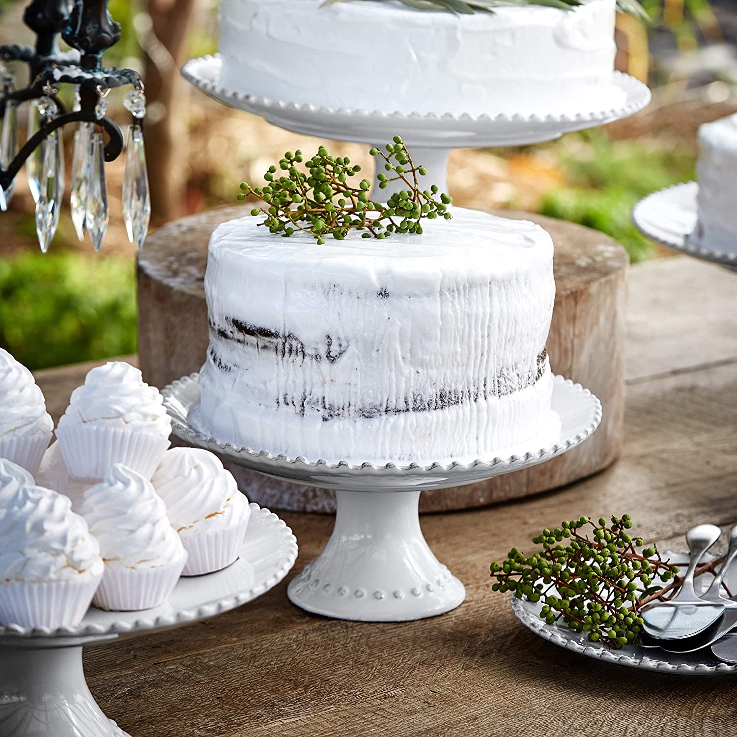 COSTA NOVA Pearl Collection White Stoneware Ceramic Cake Stand - 11.25 Inch Medium Size for Wedding, Birthday Party & Dessert Display