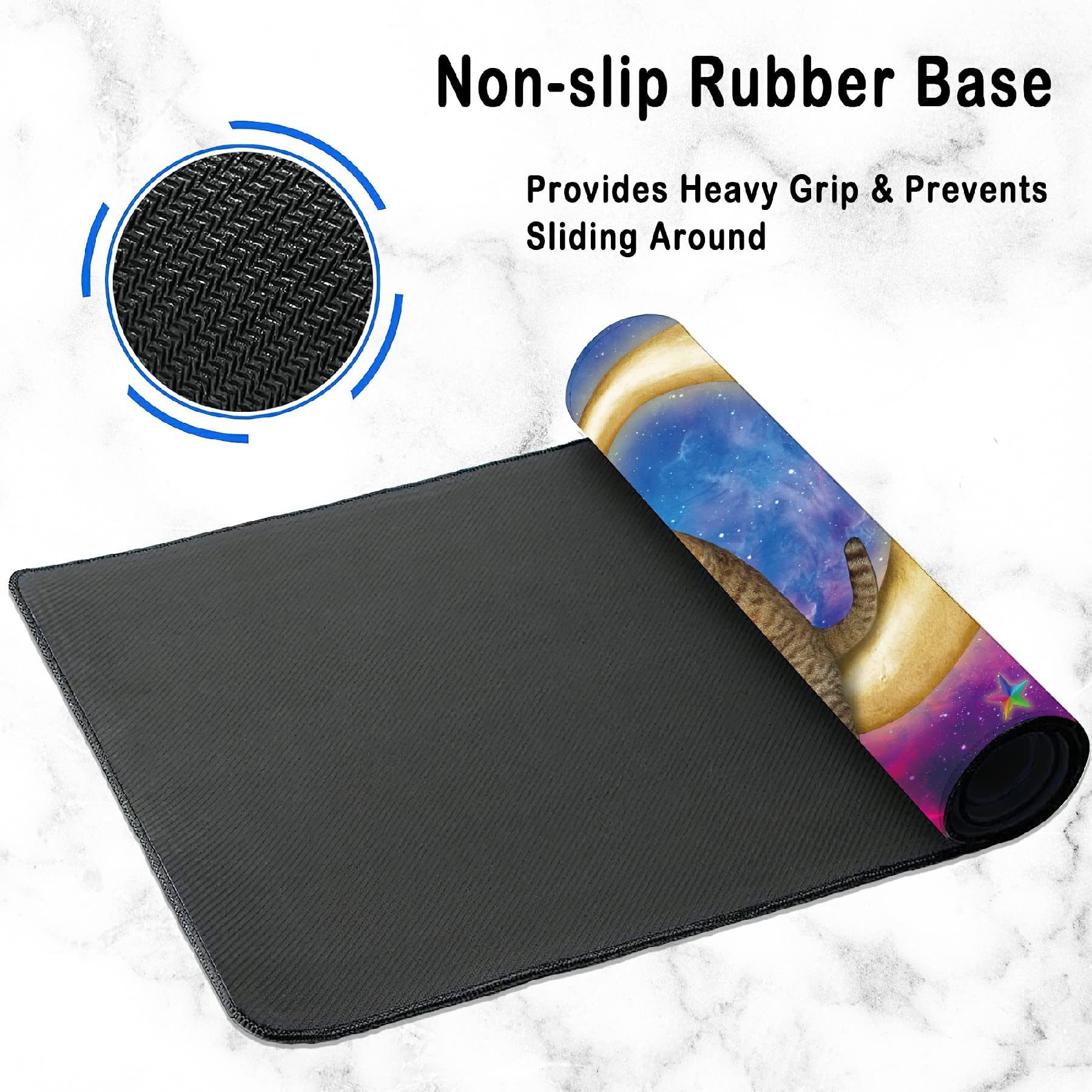 Elightvap Large Gaming Mouse Pad with Cat Moon Stars Design - Non-Slip Rubber Base & Stitched Edges - 35.5