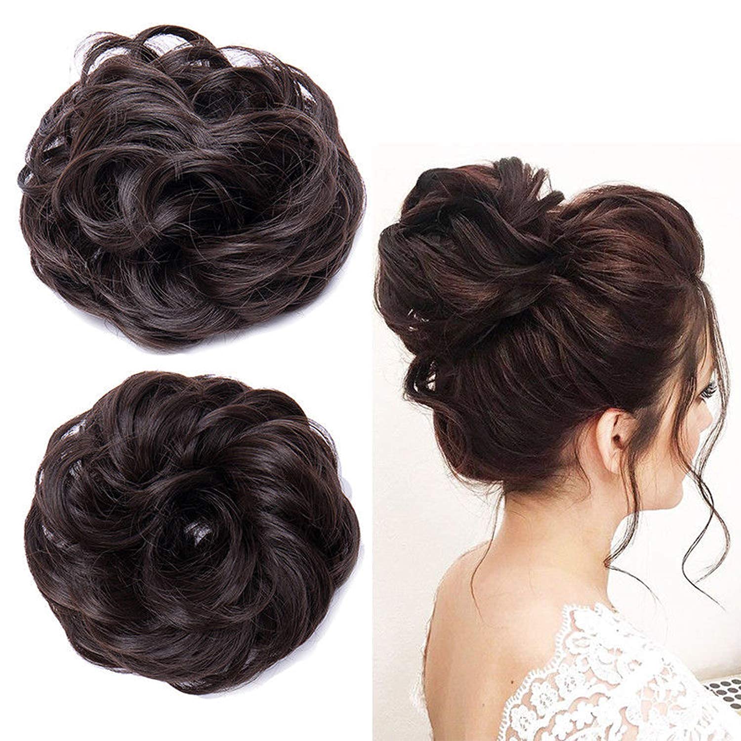 DELORUS Messy Bun Hair Extensions 2Pcs - Women's Artificial Hair Buns with Rubber Bands, False Hair Donut for Easy Updo & Ponytail - Perfect for Work, Gym, and Everyday Styling (Rubberband - BR)