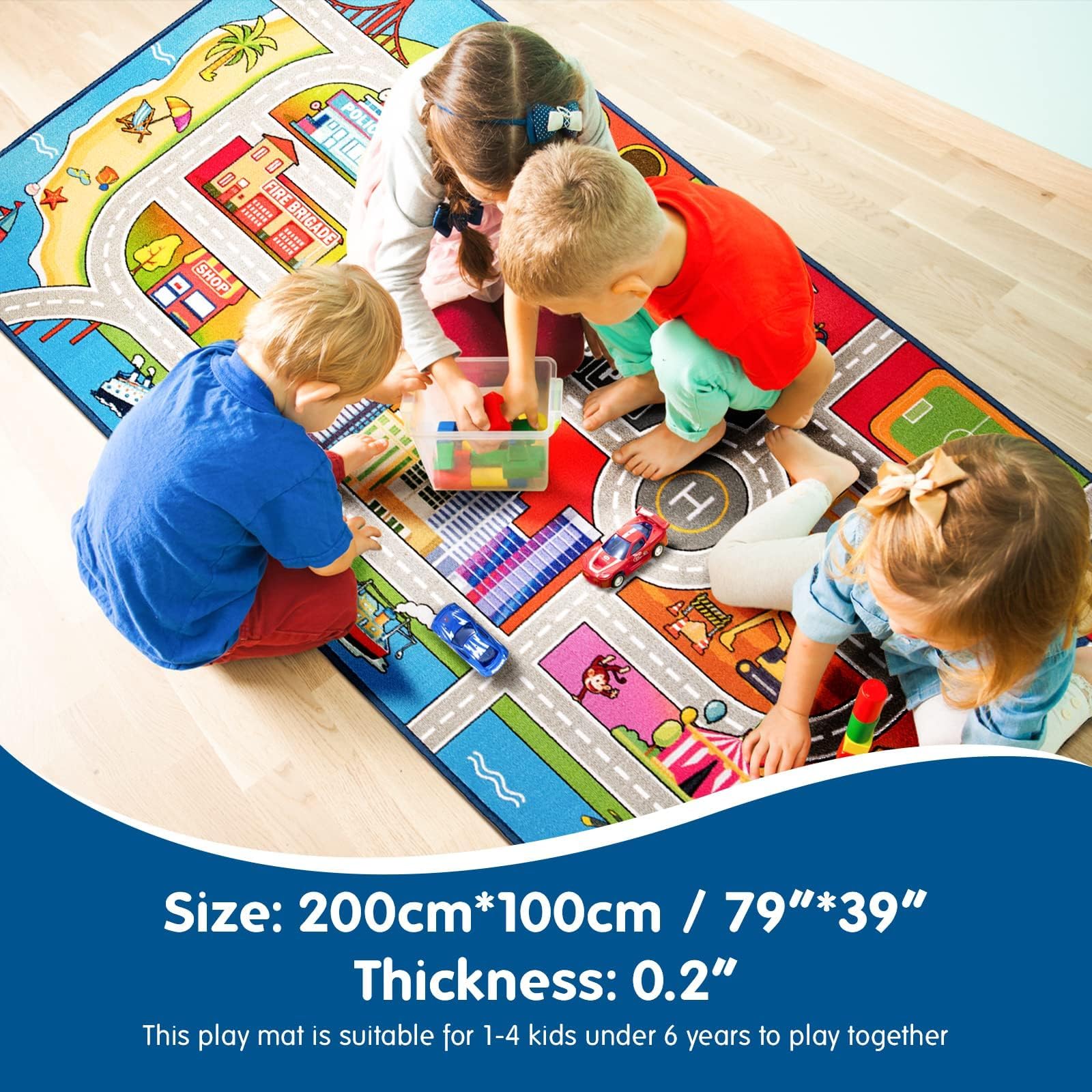 Booooom Jackson Kids Car Playmat Rug 3.3x6.6 ft - Non-Slip Race Track Carpet with Road & Buildings Design for Toy Cars - Perfect for Playroom, Bedroom & Indoor Activities (Parking, Helipad Printed)
