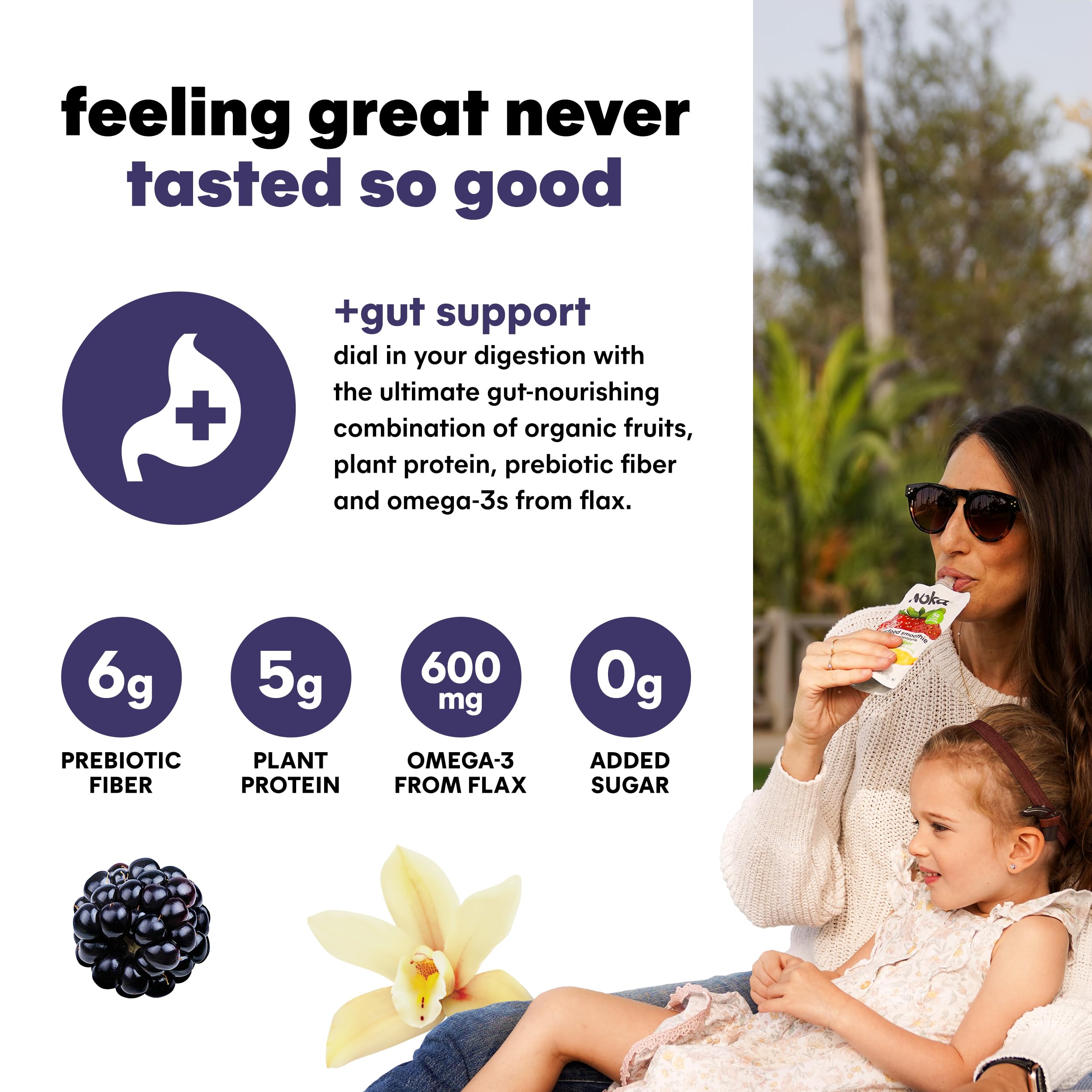 Organic Noka Superfood Fruit Smoothie Pouches - Blackberry Vanilla Flavor | Vegan, Gluten-Free Healthy Snacks with Flax Seed, Plant Protein & Prebiotic Fiber | 4.22 oz Squeeze Pouch (6 Pack) | Perfect for On-the-Go Nutrition, Kids Lunchboxes & Post-Workout Recovery