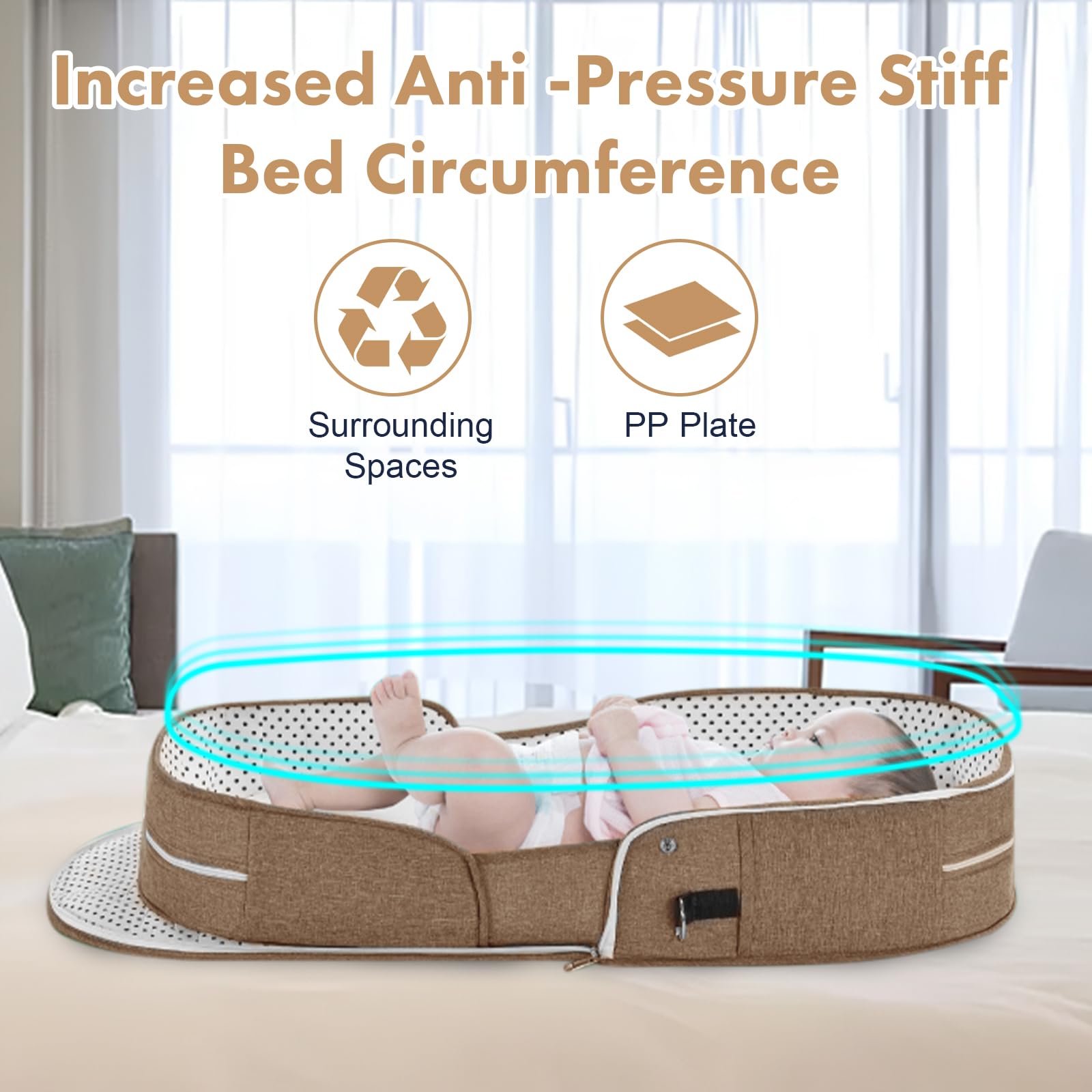 Portable Baby Travel Bassinet with Mosquito Net & Canopy – Foldable Lightweight Co-Sleeping Bed for Infants, Anti-Pressure Design – Ideal for Airplane, Camping & Family Trips (Beige)