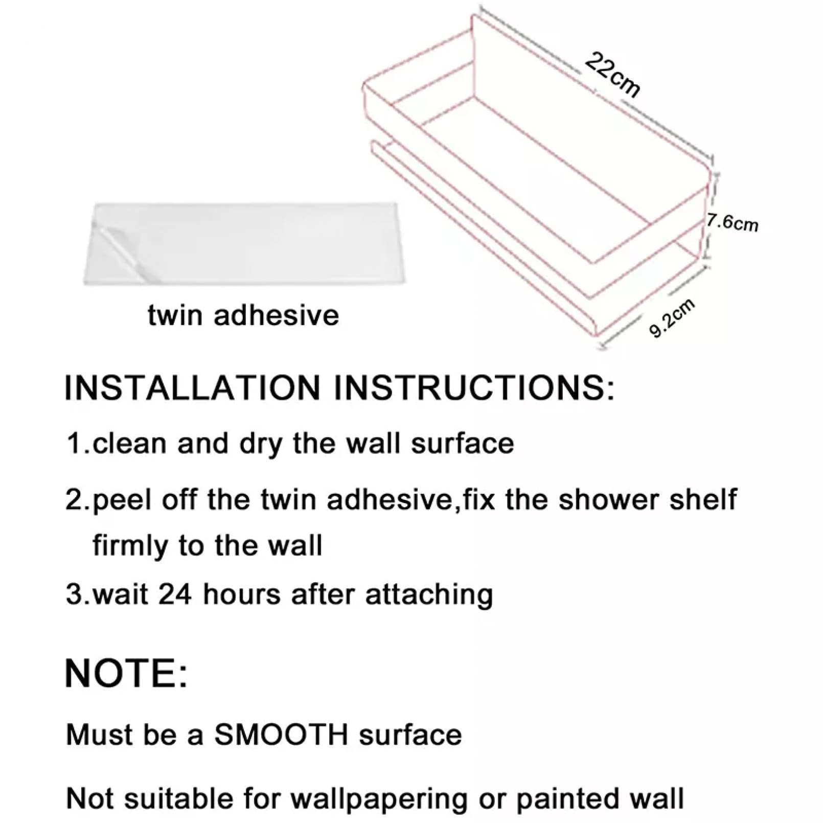 Black 22Cm Self-Adhesive No-Drill Shower Shelf with Hooks - Waterproof Bathroom Storage Organizer for Shampoo, Soap & Towels - Perfect for Small Spaces & Rental Homes
