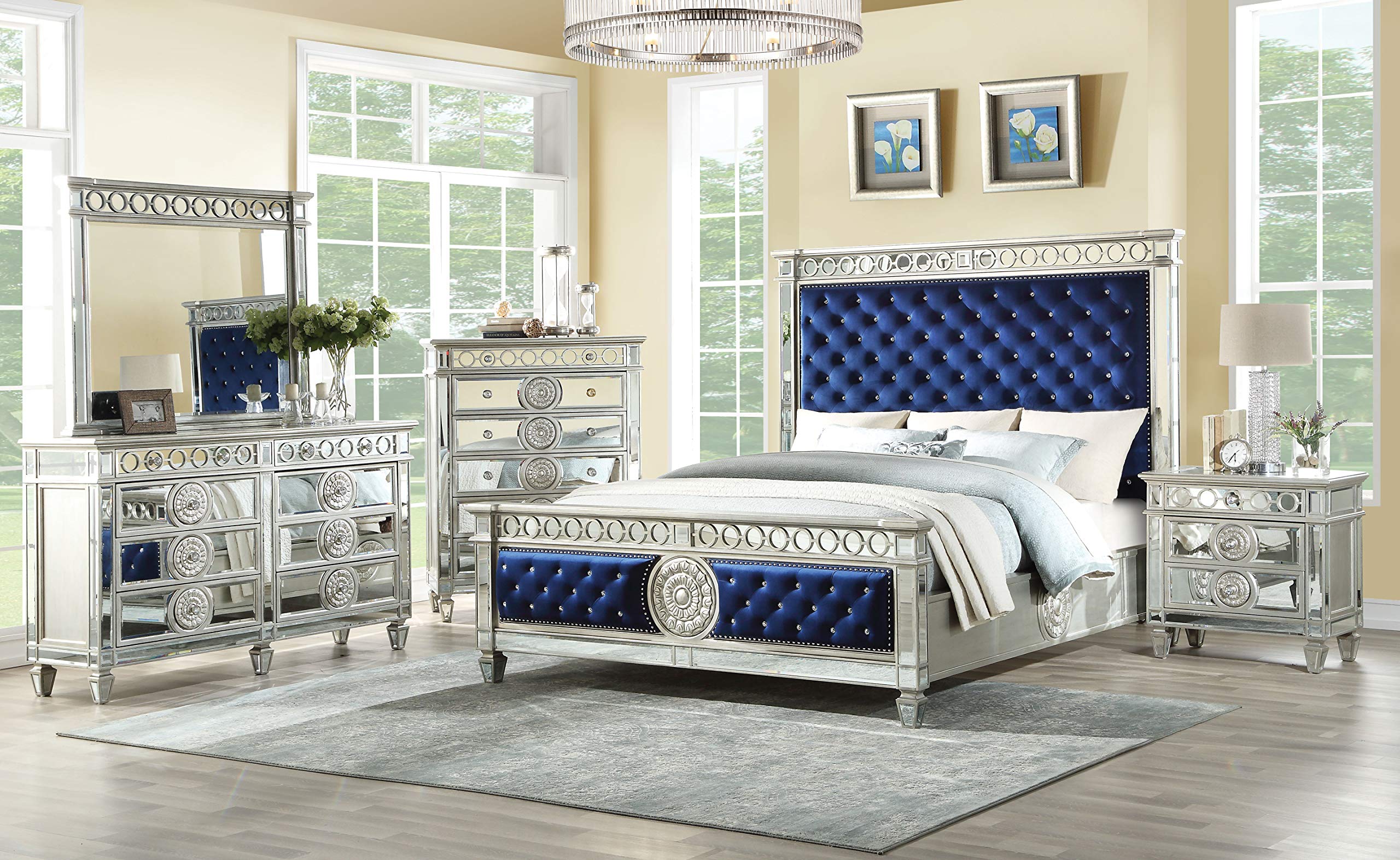 Benjara Wooden Queen Size Bed with Button Tufted Headboard & Mirror Finish Accents - Blue & Silver Luxury Bed Frame for Master Bedroom Decor | Elegant Modern Bedroom Furniture for Home Upgrade