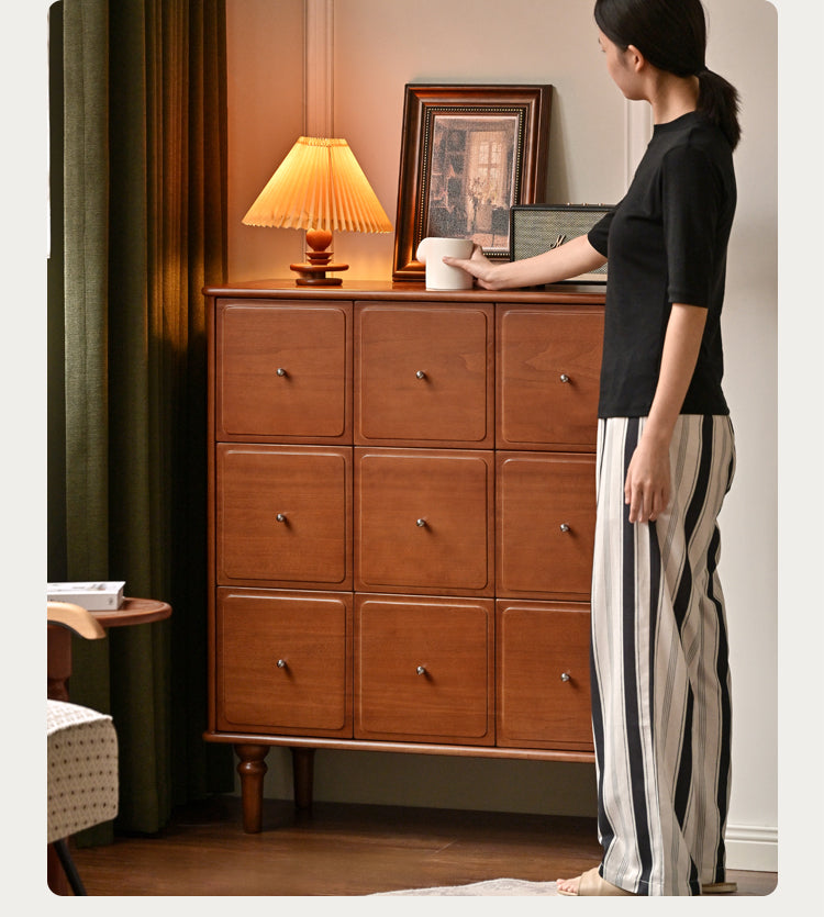 Vintage French Retro 9-Drawer Solid Poplar Wood Cabinet - Elegant Storage for Bedroom, Living Room & Office