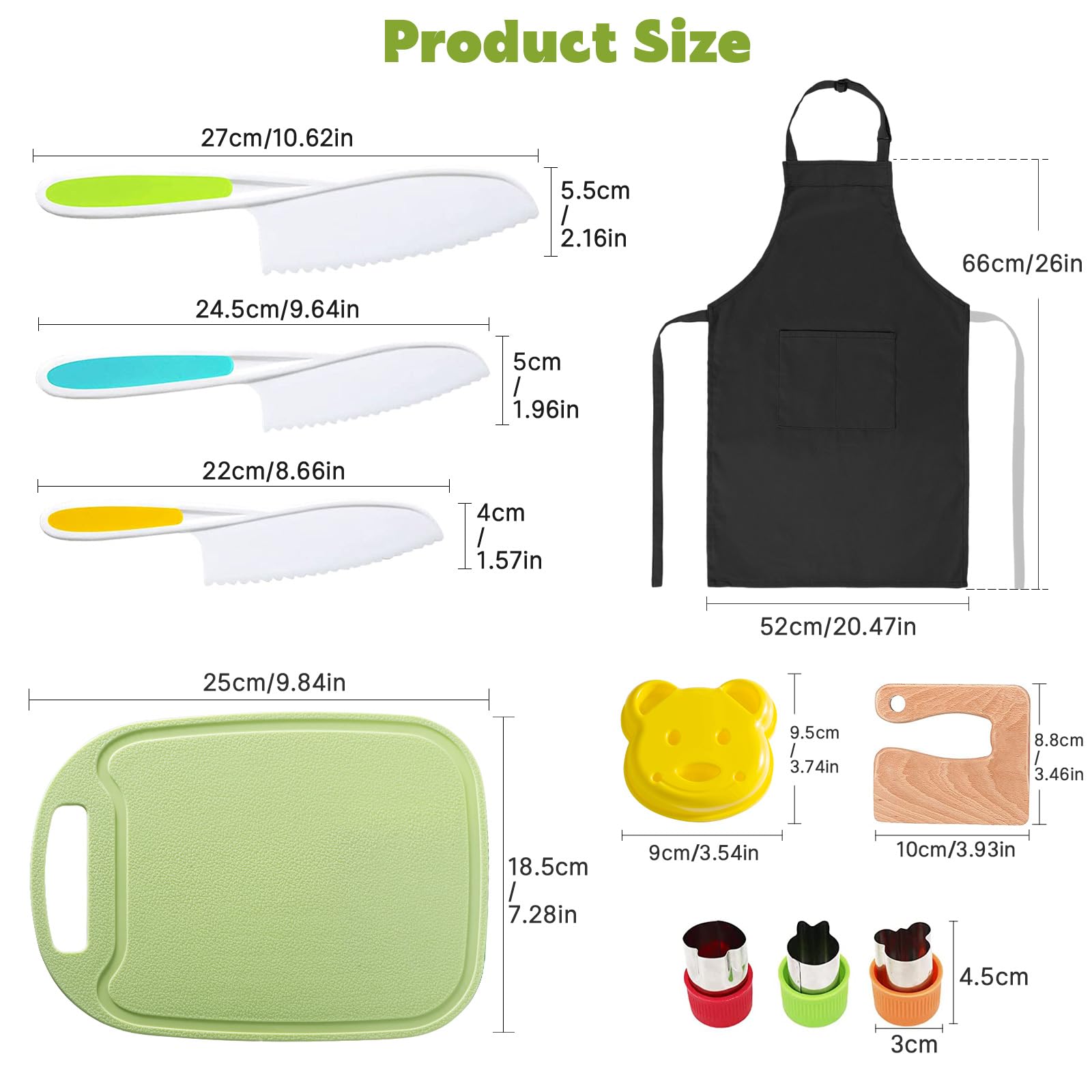 10-Piece Toddler Knife Set - Kids Safe Knives for Real Cooking, Montessori Kitchen Tools with Cutting Board, Apron, Sandwich Cutter & Fruit Cutters - Perfect for Early Learning, Snack Prep & Family Cooking Activities
